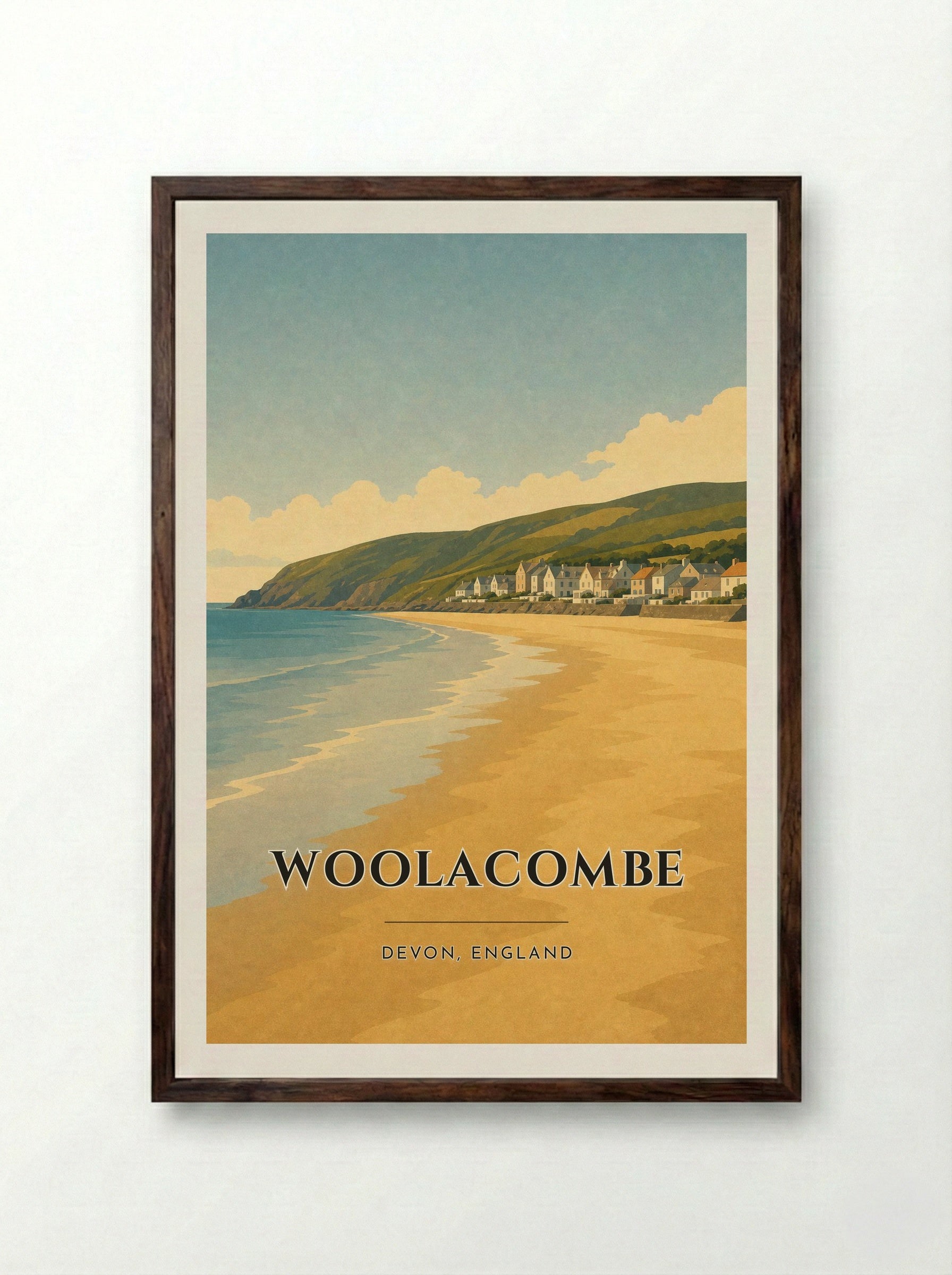 Woolacombe Devon Travel Poster - Framed Print Dark Wood