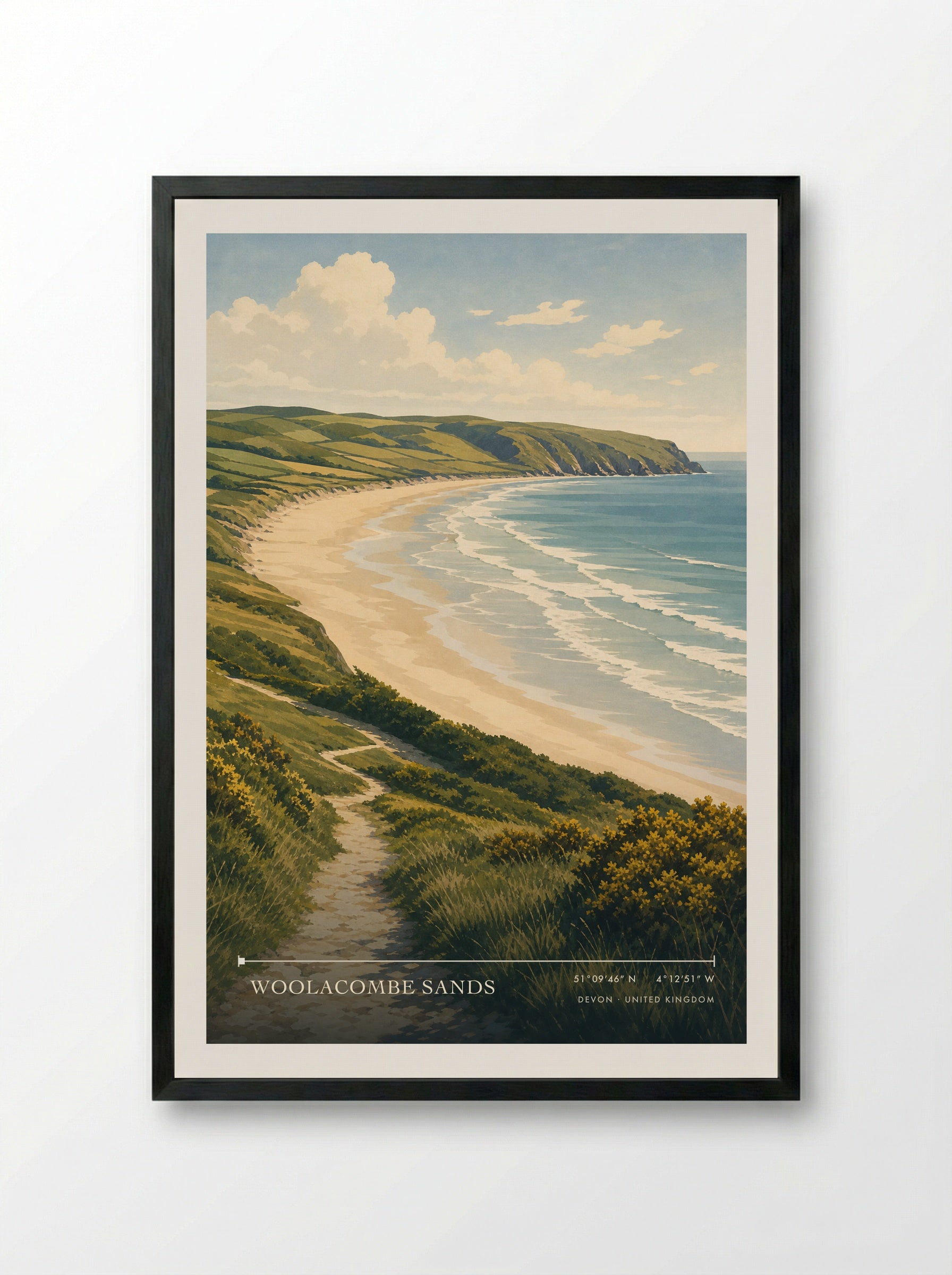 Woolacombe Sands Devon United Kingdom Travel Poster - Framed Print Black