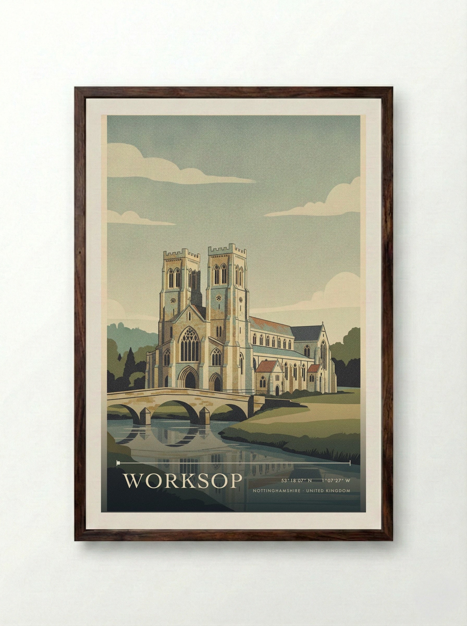 Worksop Nottinghamshire United Kingdom Travel Poster - Framed Print Dark Wood