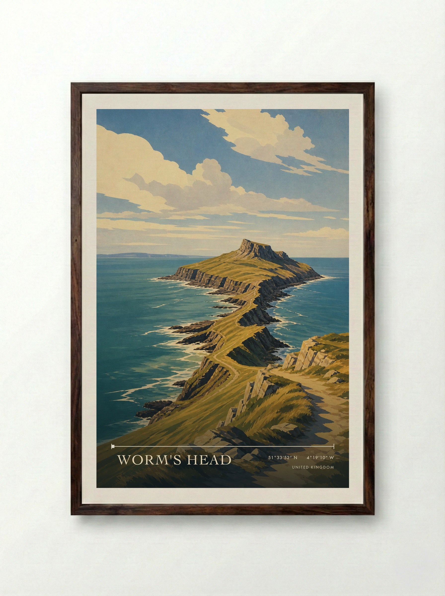 Worm's Head United Kingdom Travel Poster - Framed Print Dark Wood