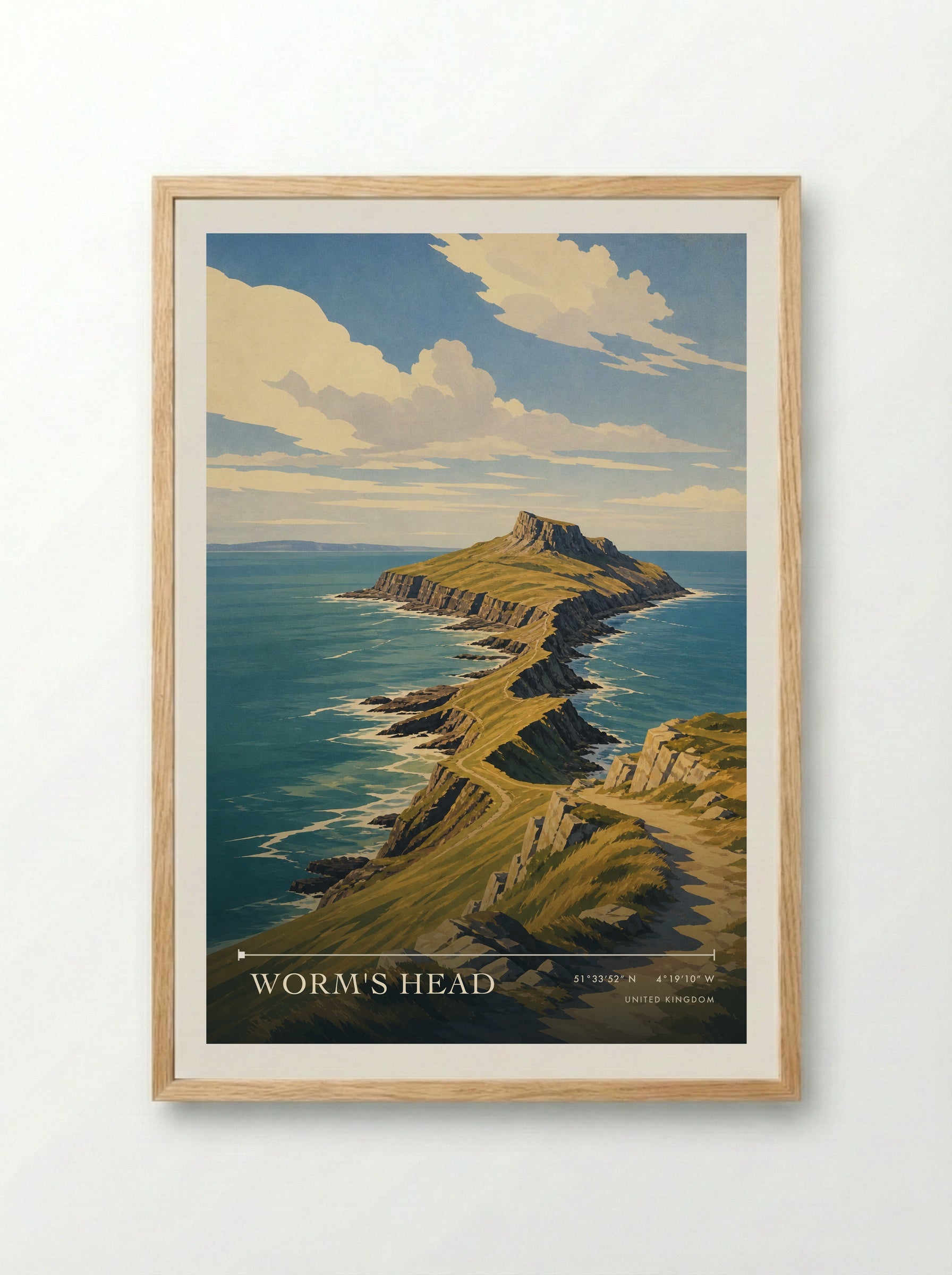 Worm's Head United Kingdom Travel Poster - Framed Print Wood