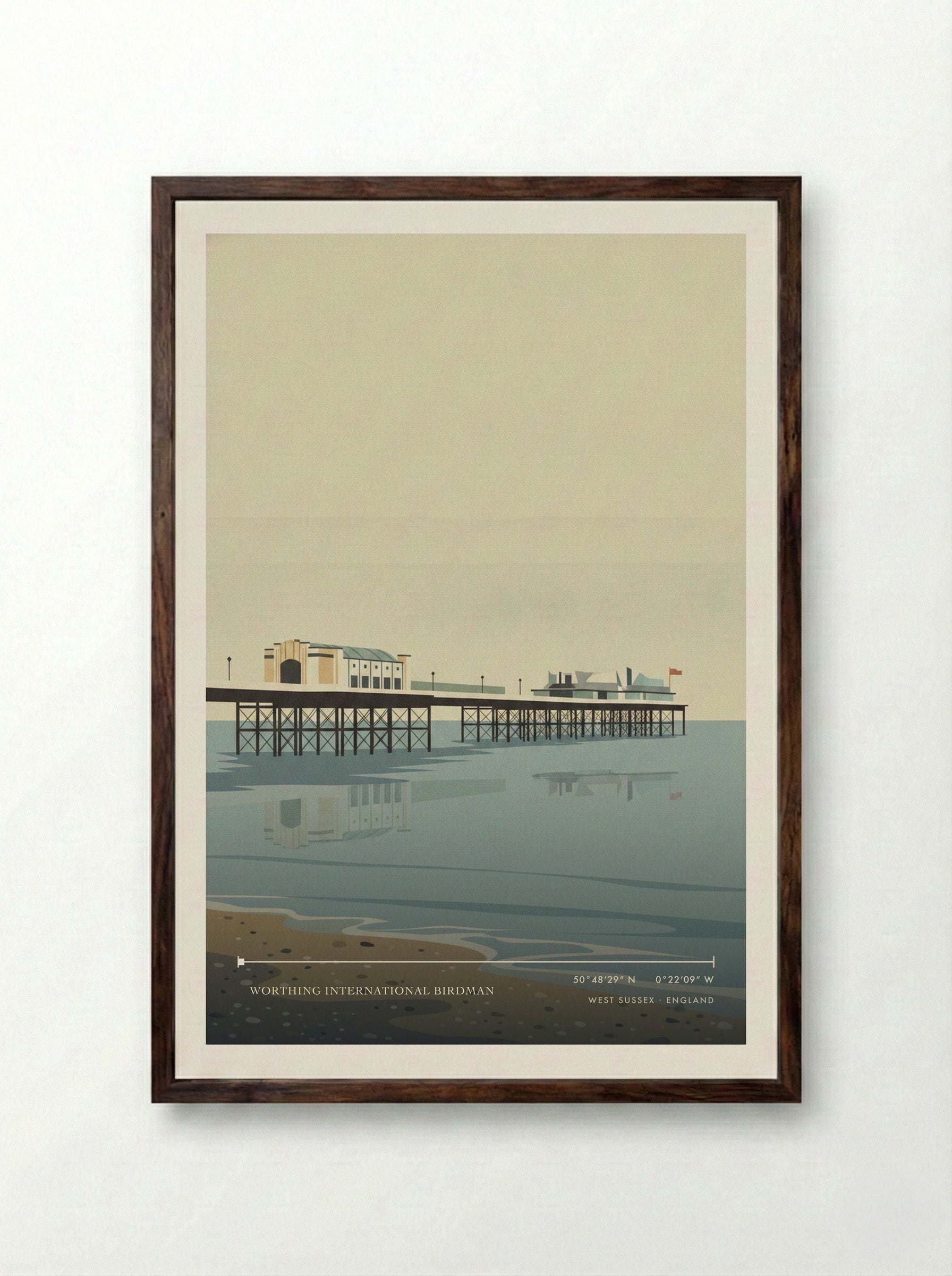 Worthing International Birdman West Sussex England Travel Poster - Framed Print Dark Wood