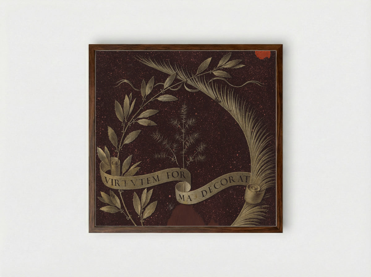 Wreath of Laurel, Palm, and Juniper with a Scroll inscribed Virtutem Forma Decorat - Leonardo da Vinci - Framed Print Dark Wood