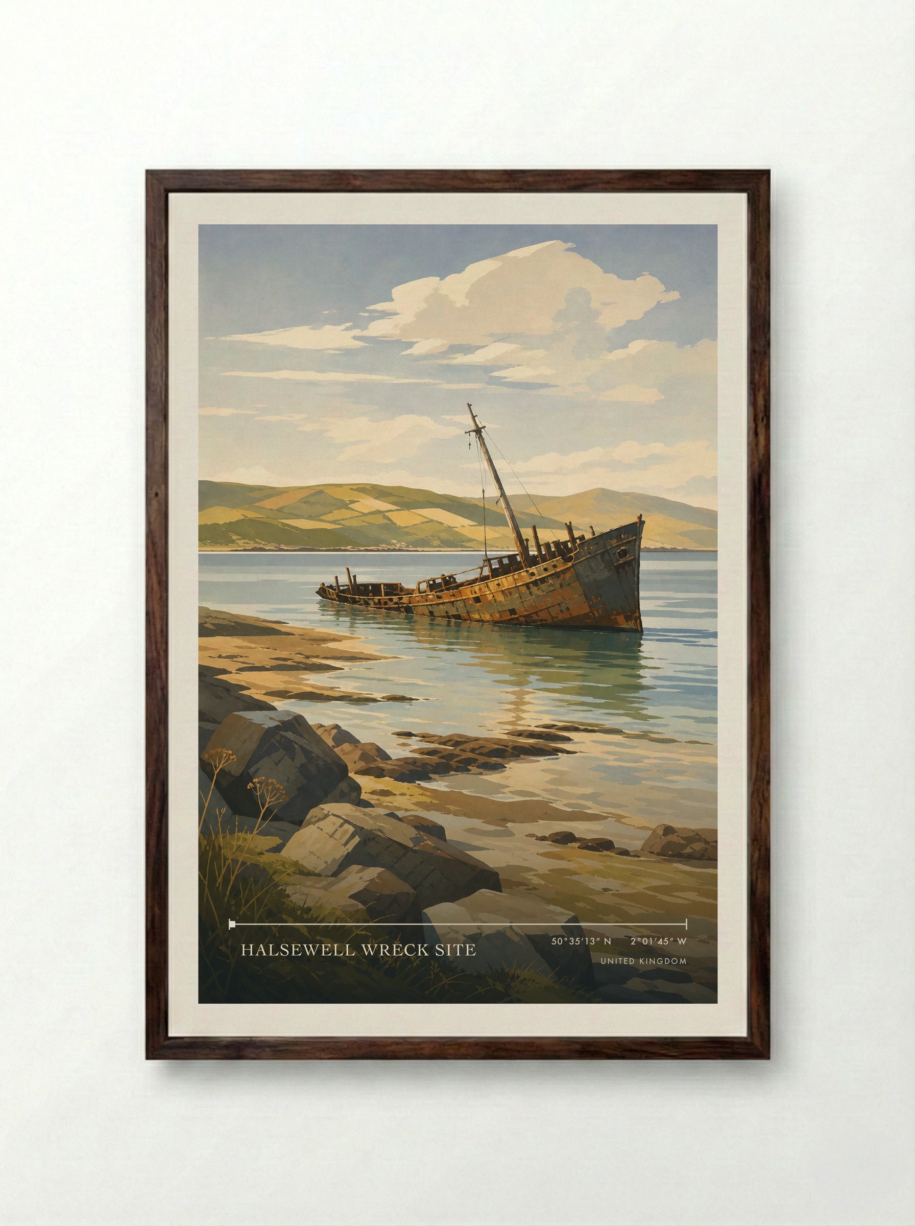 Wreck of the Halsewell United Kingdom Travel Poster - Framed Print Dark Wood