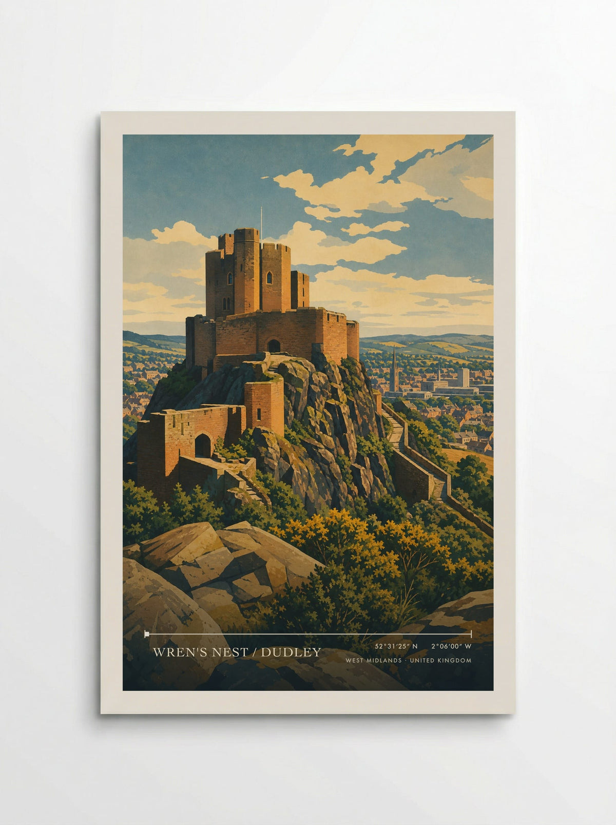 Wren's Nest / Dudley, West Midlands travel poster: a hilltop castle, fortified wall, rugged rock and West Midlands townscape