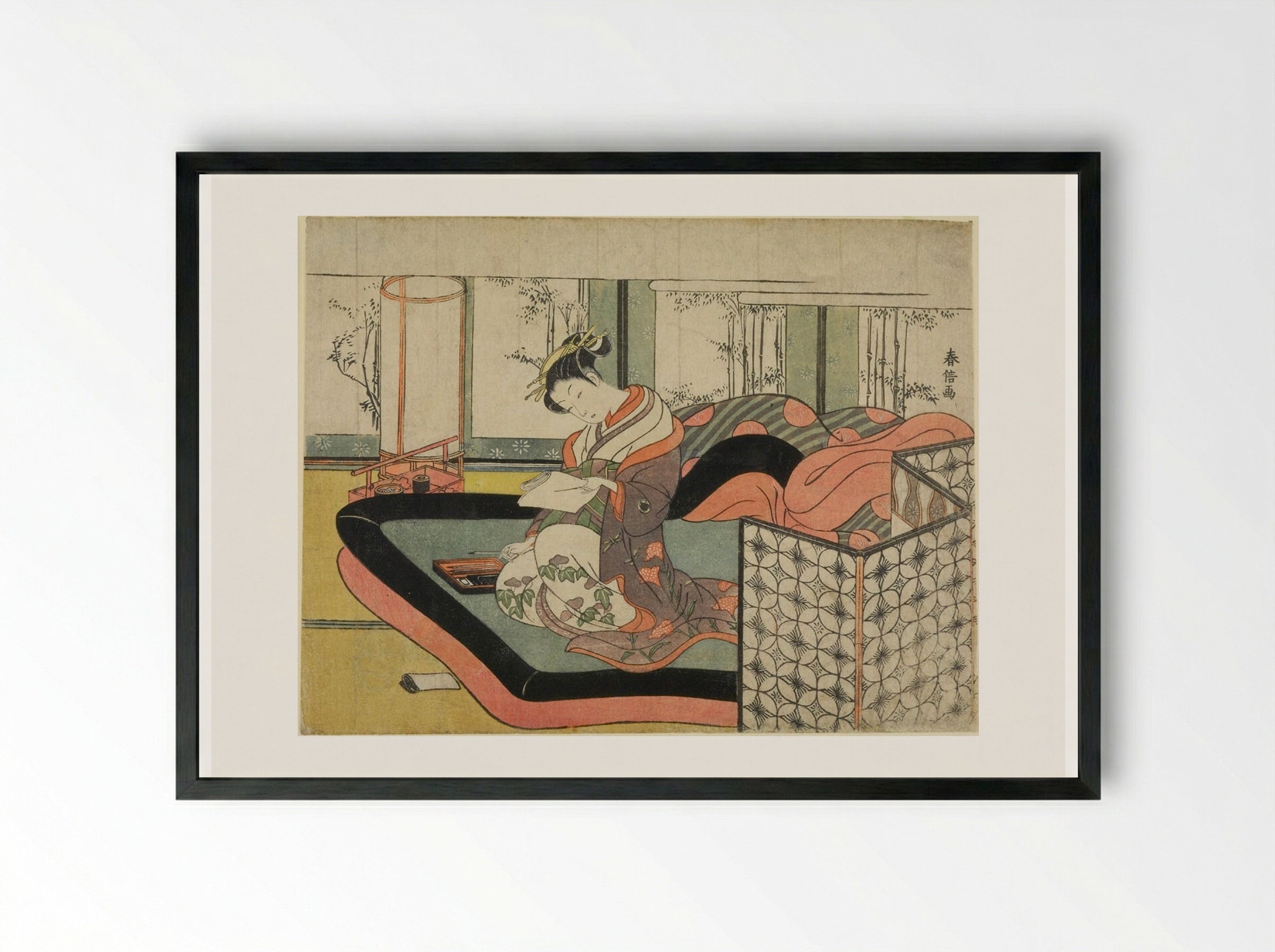 Writing a Love Letter in Bed - Suzuki Harunobu - Framed Print Black