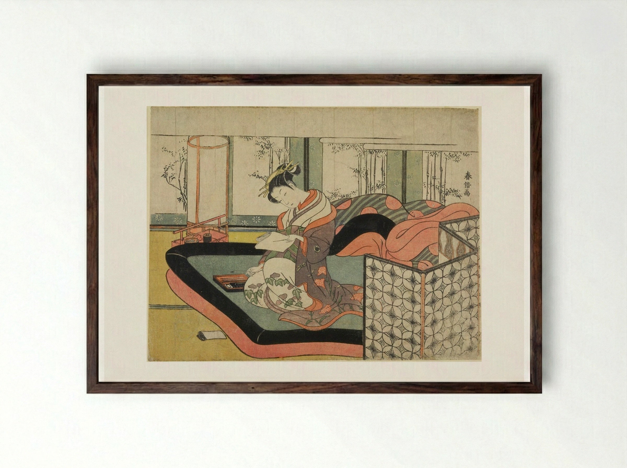 Writing a Love Letter in Bed - Suzuki Harunobu - Framed Print Dark Wood