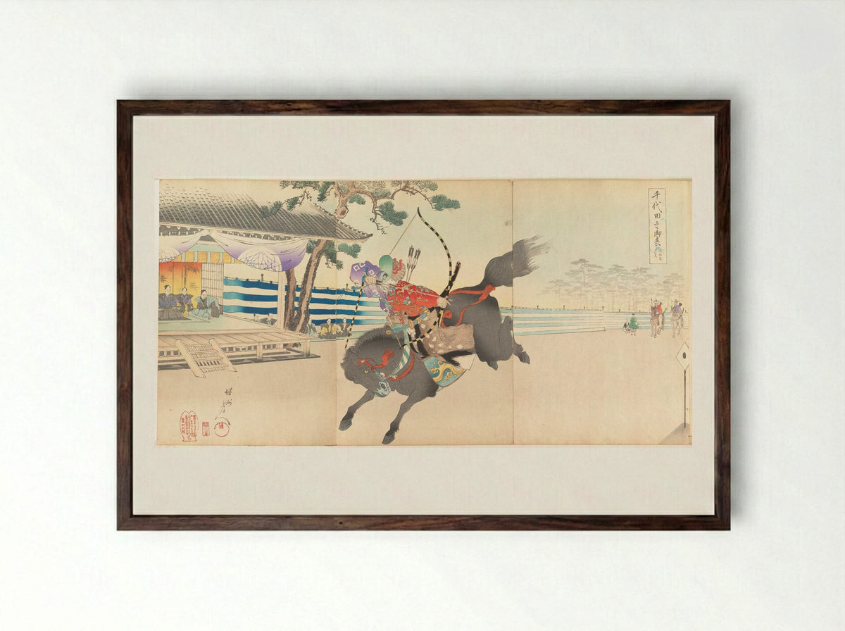 Yabusame (Mounted Archery) - Hashimoto Chikanobu - Framed Print Dark Wood