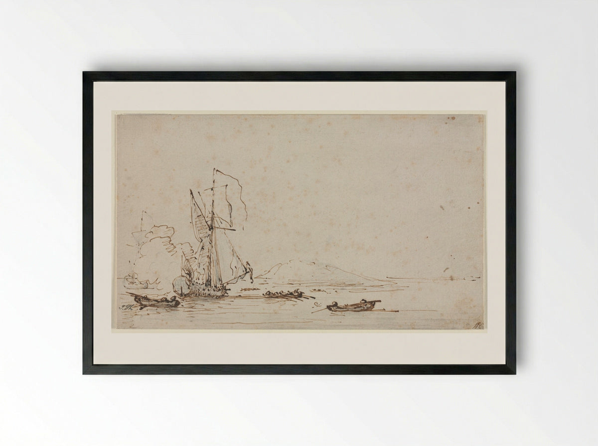 Yacht Receiving Salute - Willem van de Velde the Elder - Framed Print Black