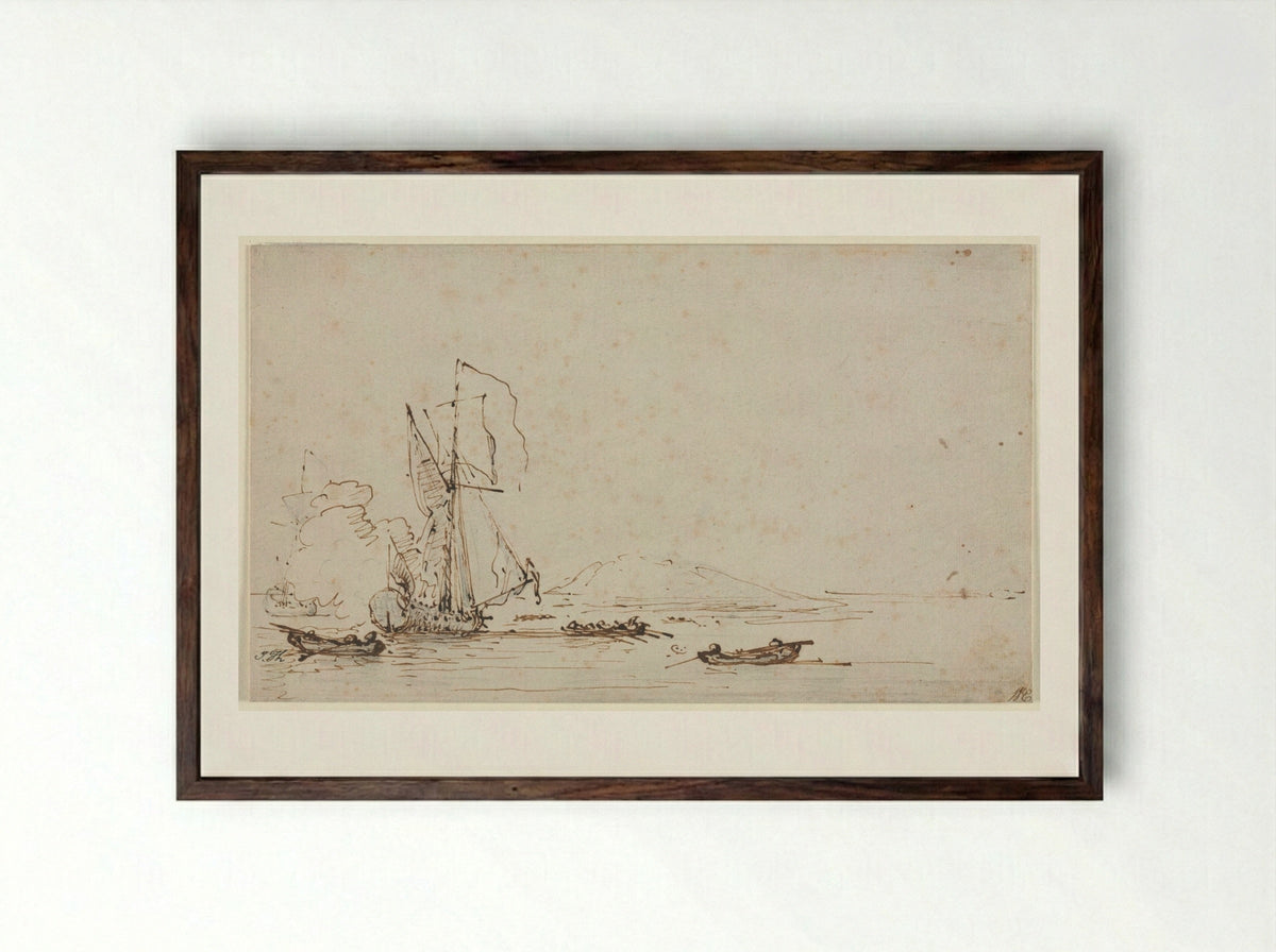 Yacht Receiving Salute - Willem van de Velde the Elder - Framed Print Dark Wood