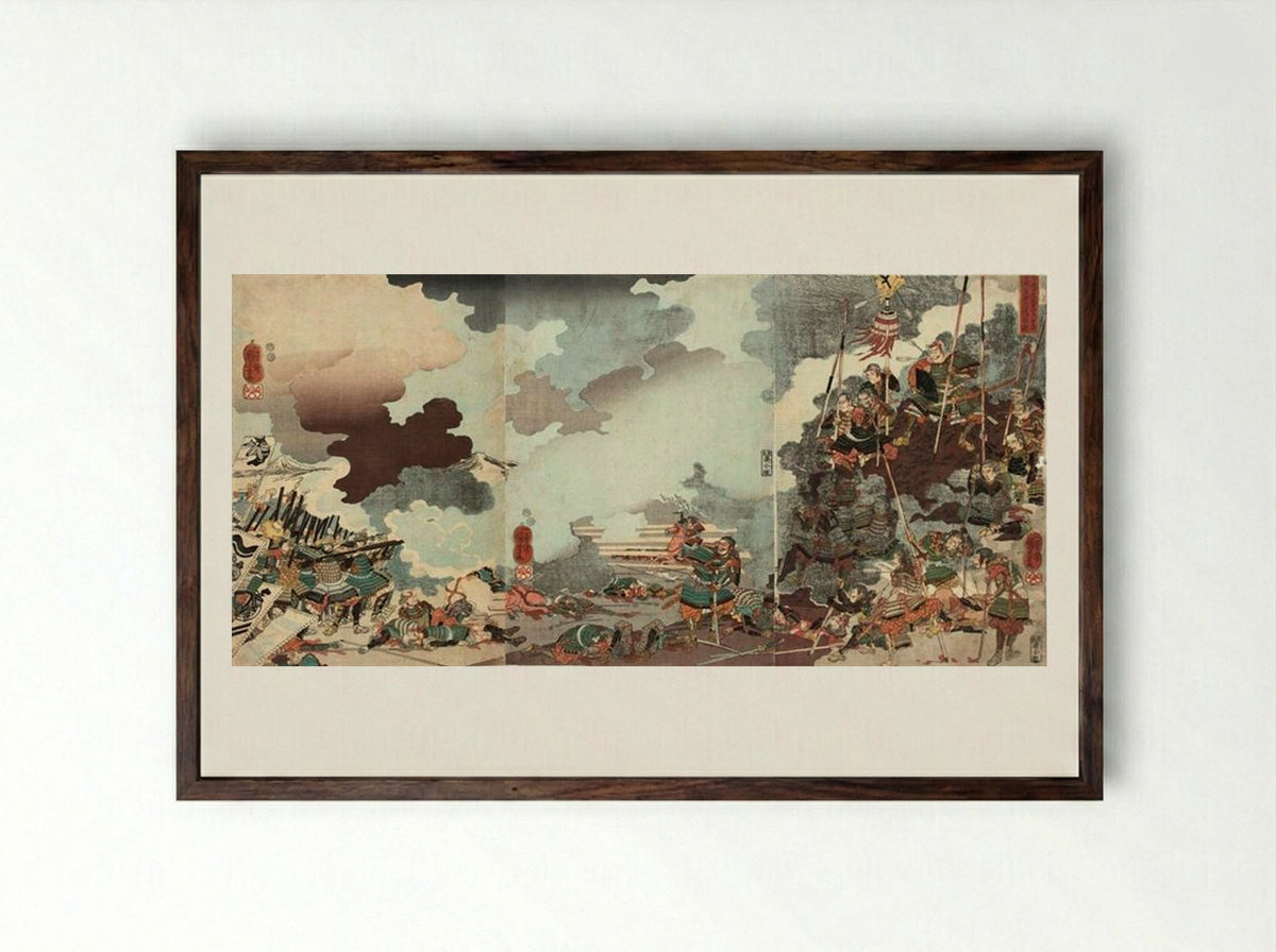Yamamoto Kansuke, Wounded by Arrows - Utagawa Kuniyoshi - Framed Print Dark Wood