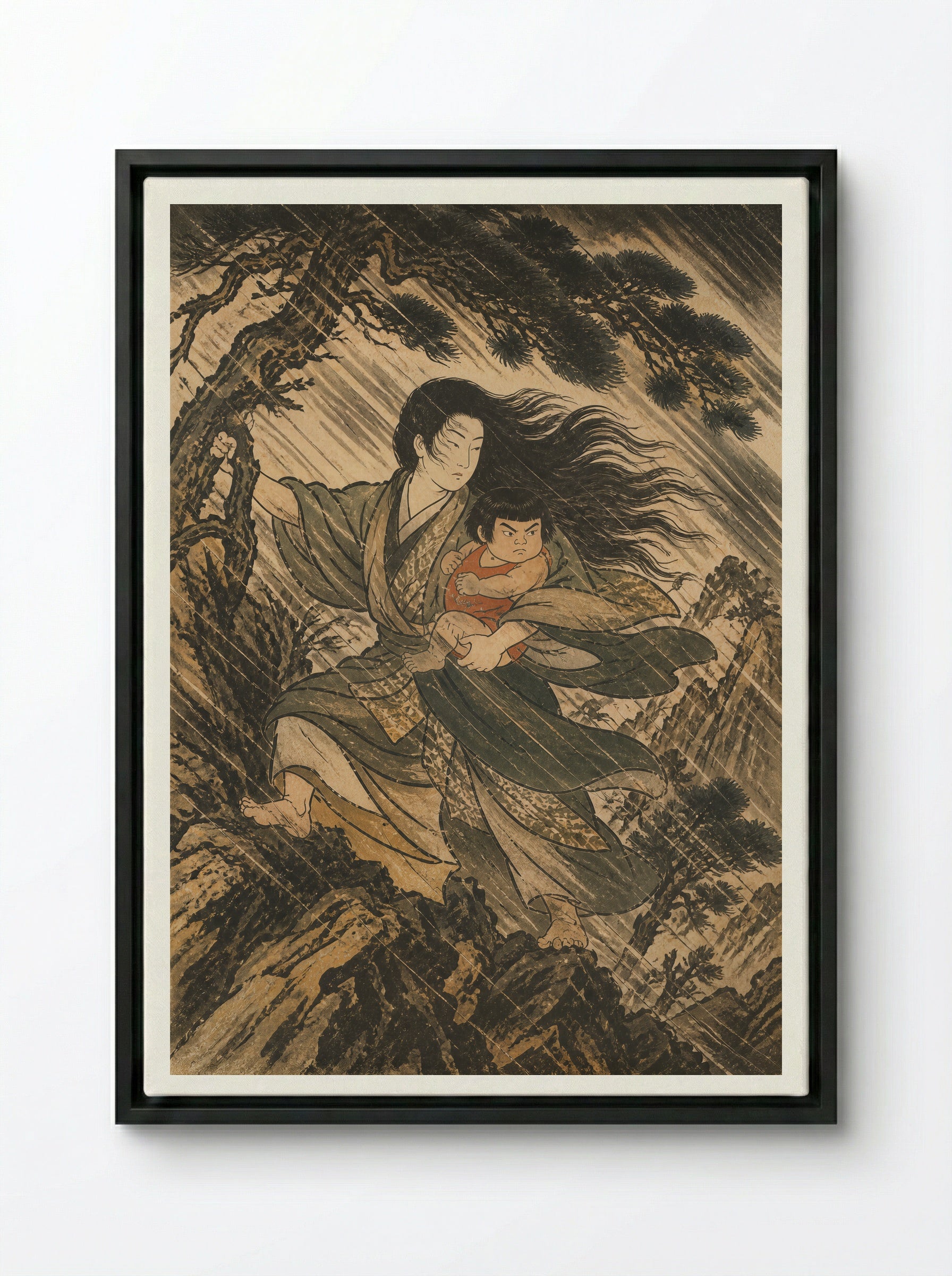 Yamauba and Kintaro: The Cabin under Ashigara - Framed Canvas Black