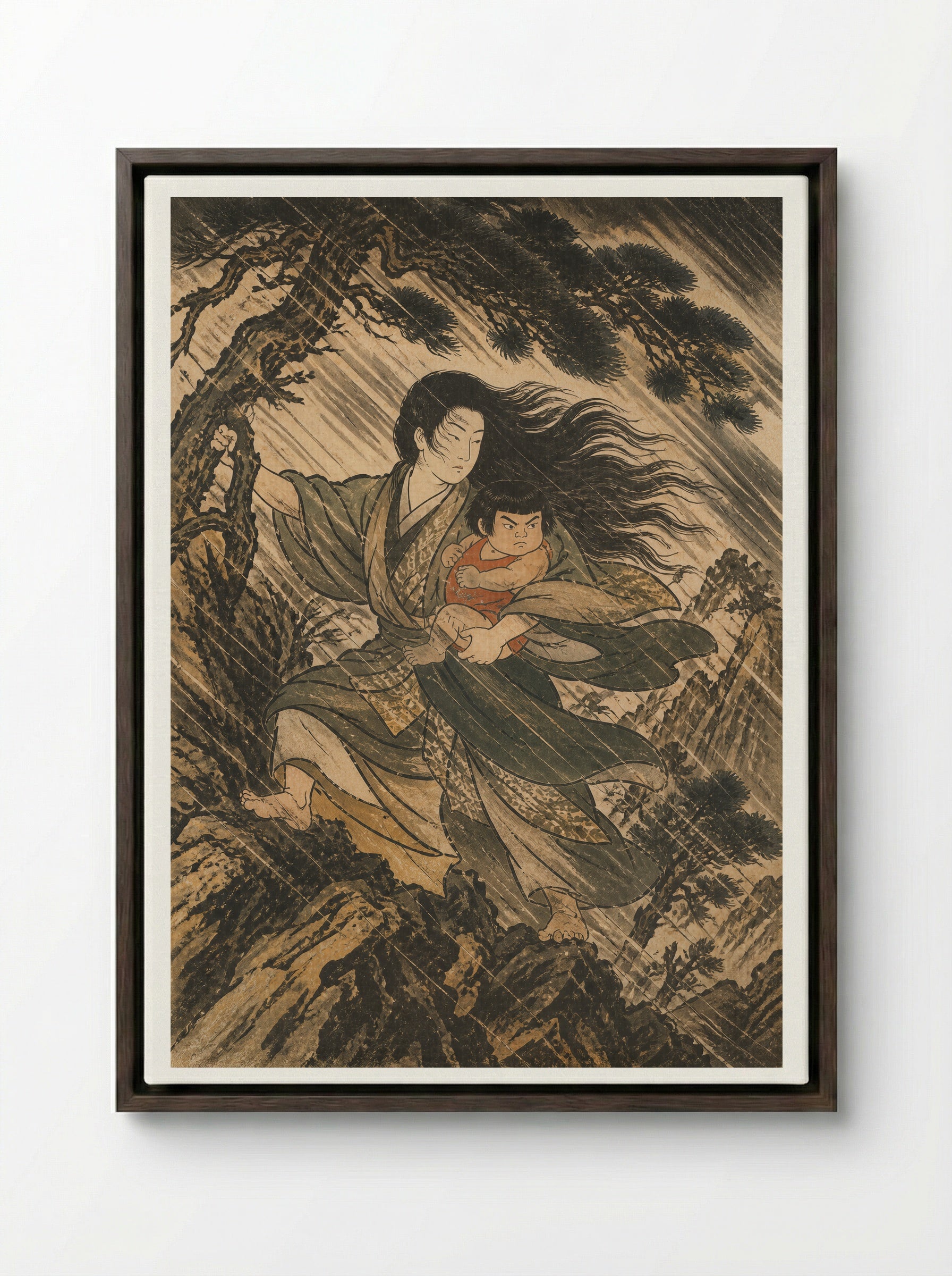 Yamauba and Kintaro: The Cabin under Ashigara - Framed Canvas Dark Wood