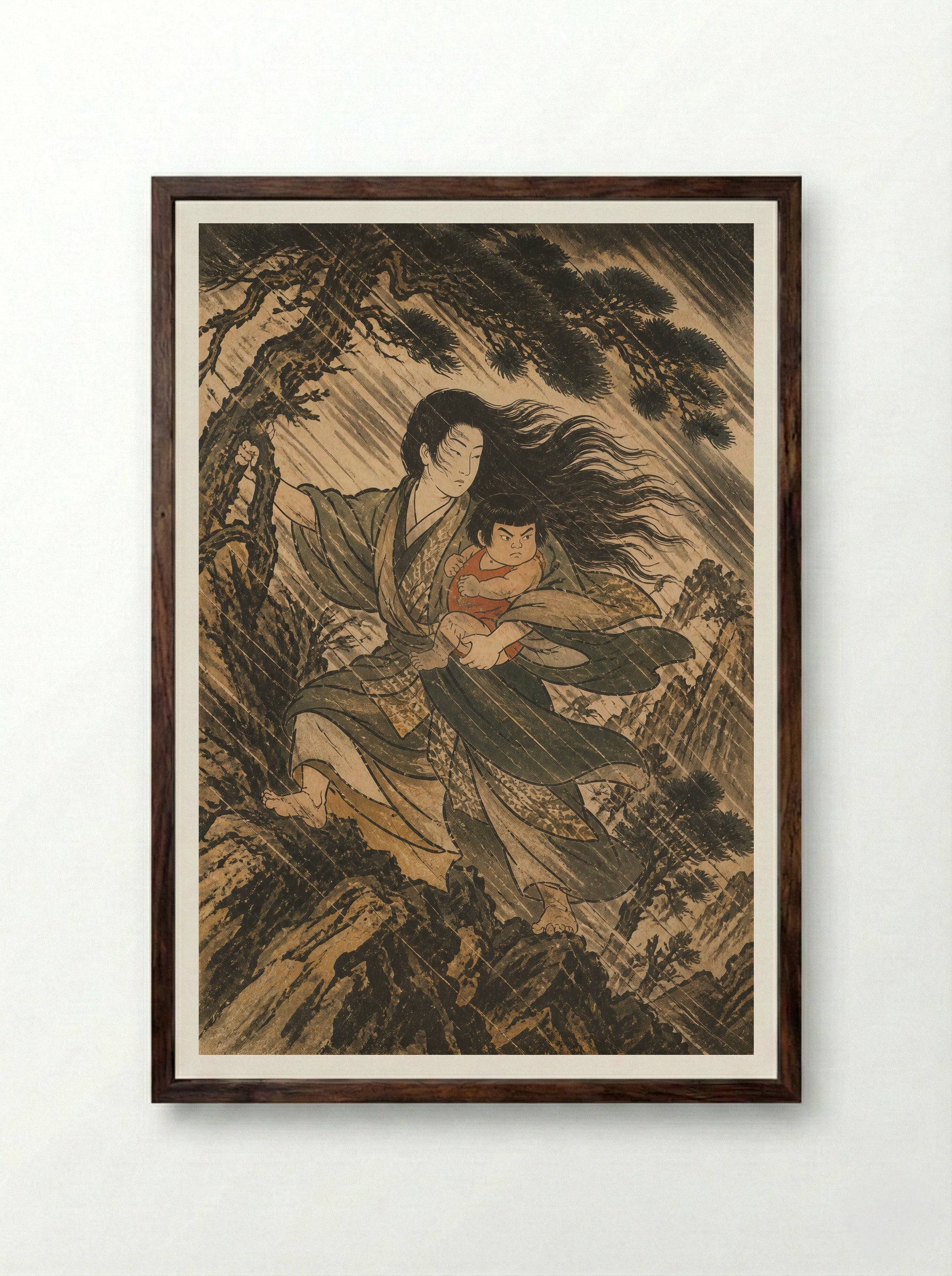 Yamauba and Kintaro: The Cabin under Ashigara - Framed Print Dark Wood