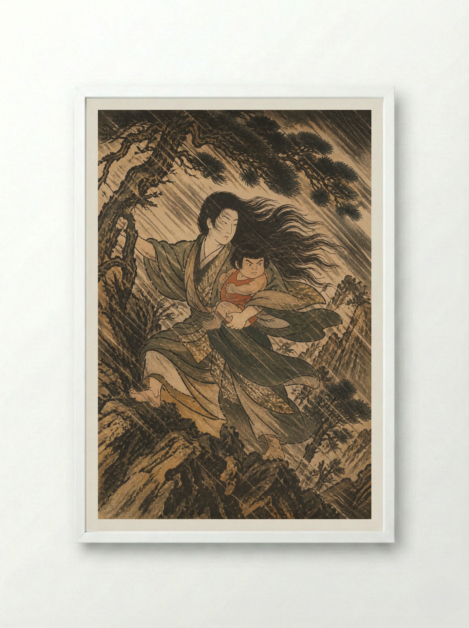 Yamauba and Kintaro: The Cabin under Ashigara - Framed Print White