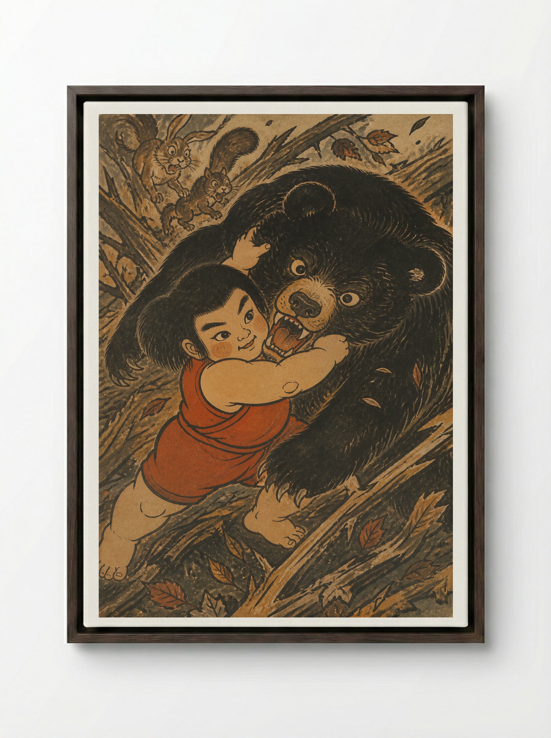 Yamauba and Kintaro: The Mountain Being Turns - Framed Canvas Dark Wood
