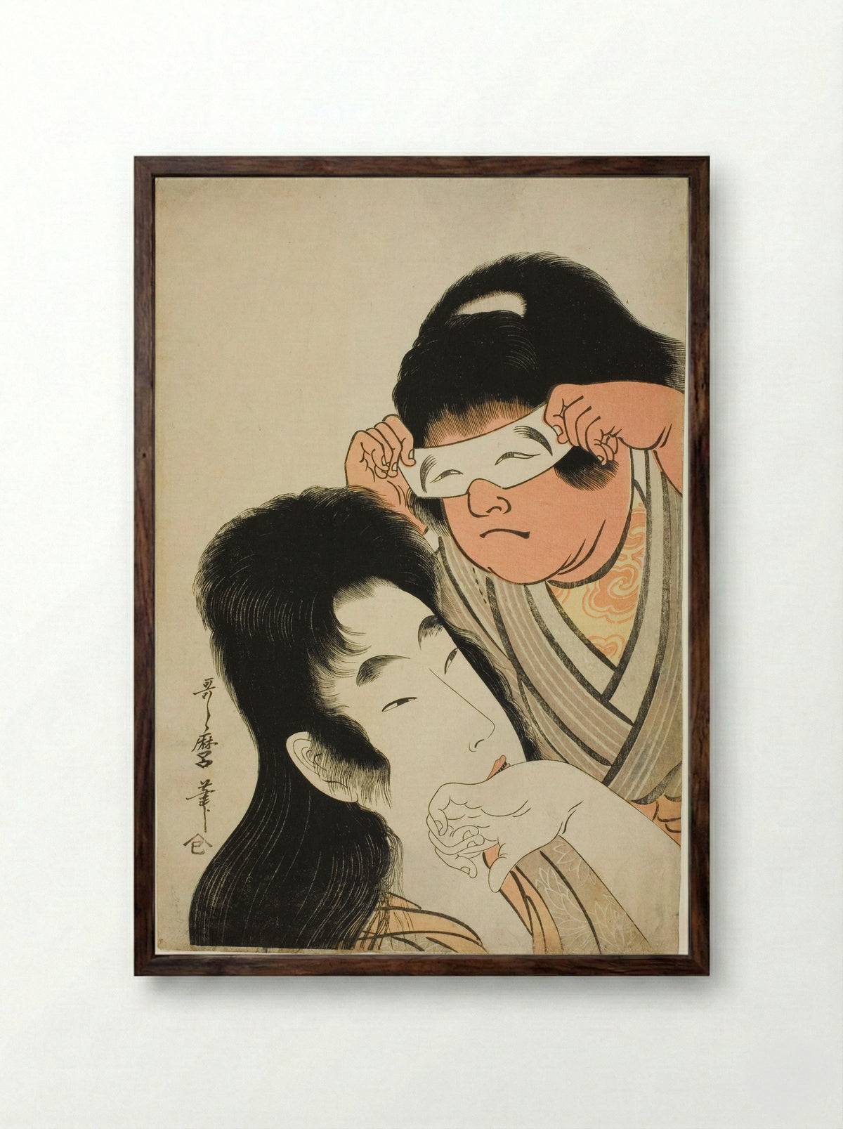 Yamauba with Kintaro Holding a Toy Mask - Kitagawa Utamaro - Framed Print Dark Wood