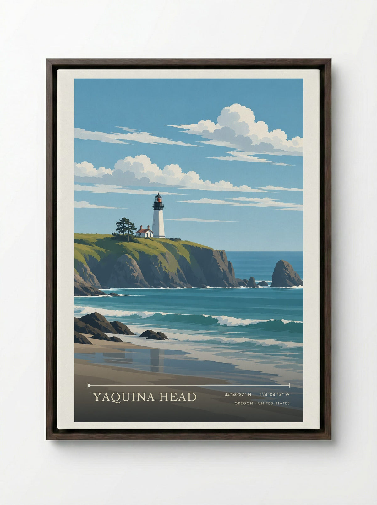 Yaquina Head, Oregon | Travel Poster - Framed Canvas Dark Wood