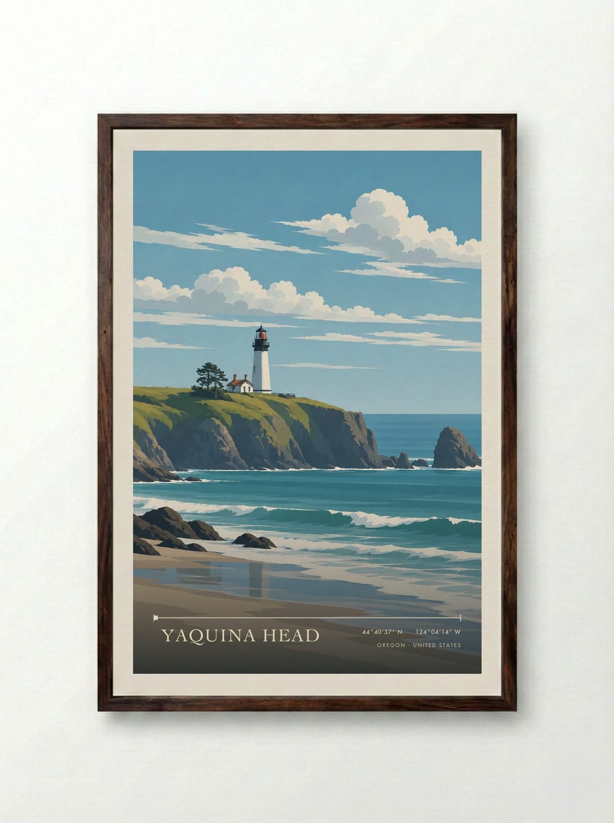 Yaquina Head, Oregon | Travel Poster - Framed Print Dark Wood