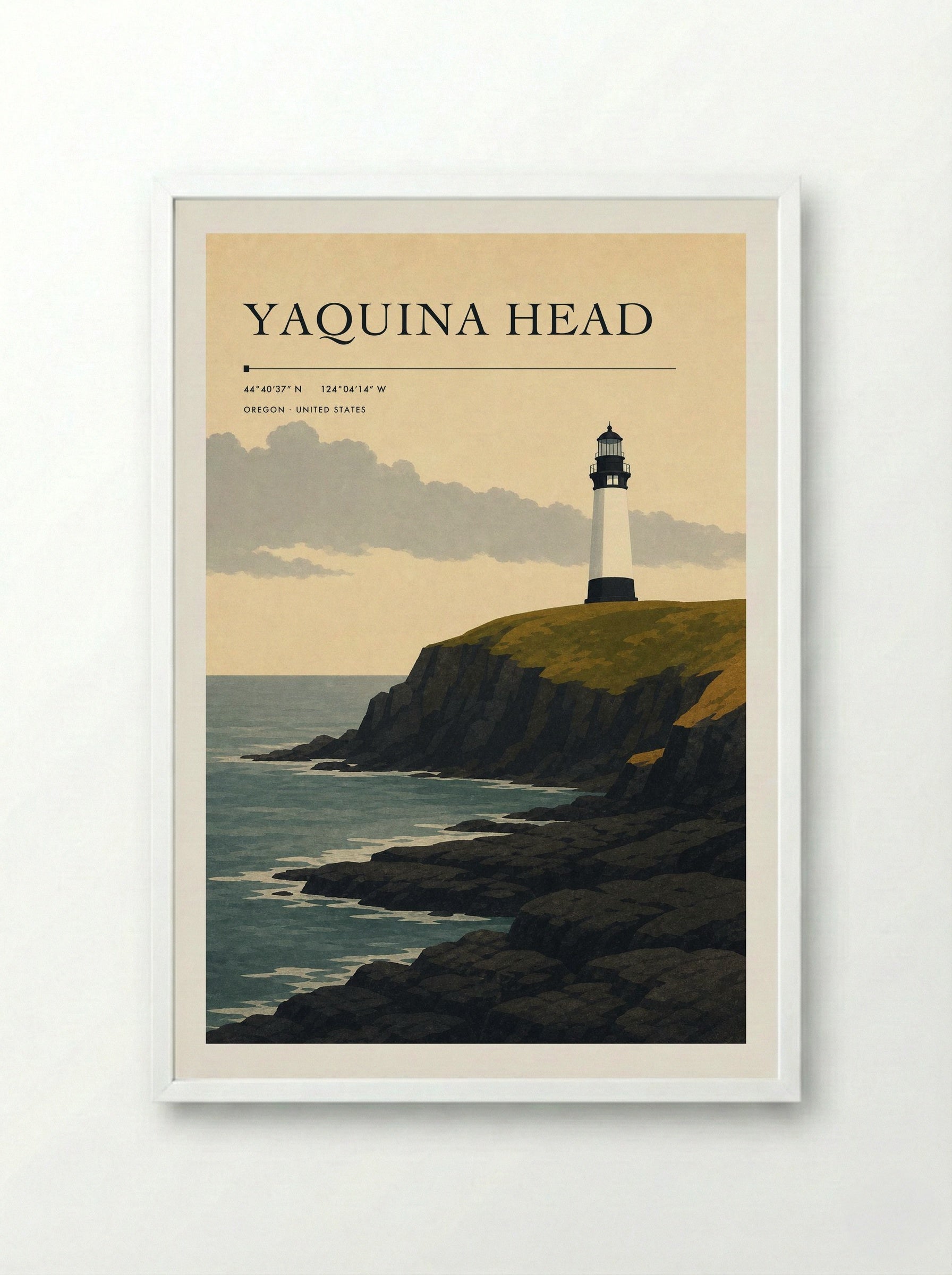 Yaquina Head Travel Poster Artwork - Framed Print White