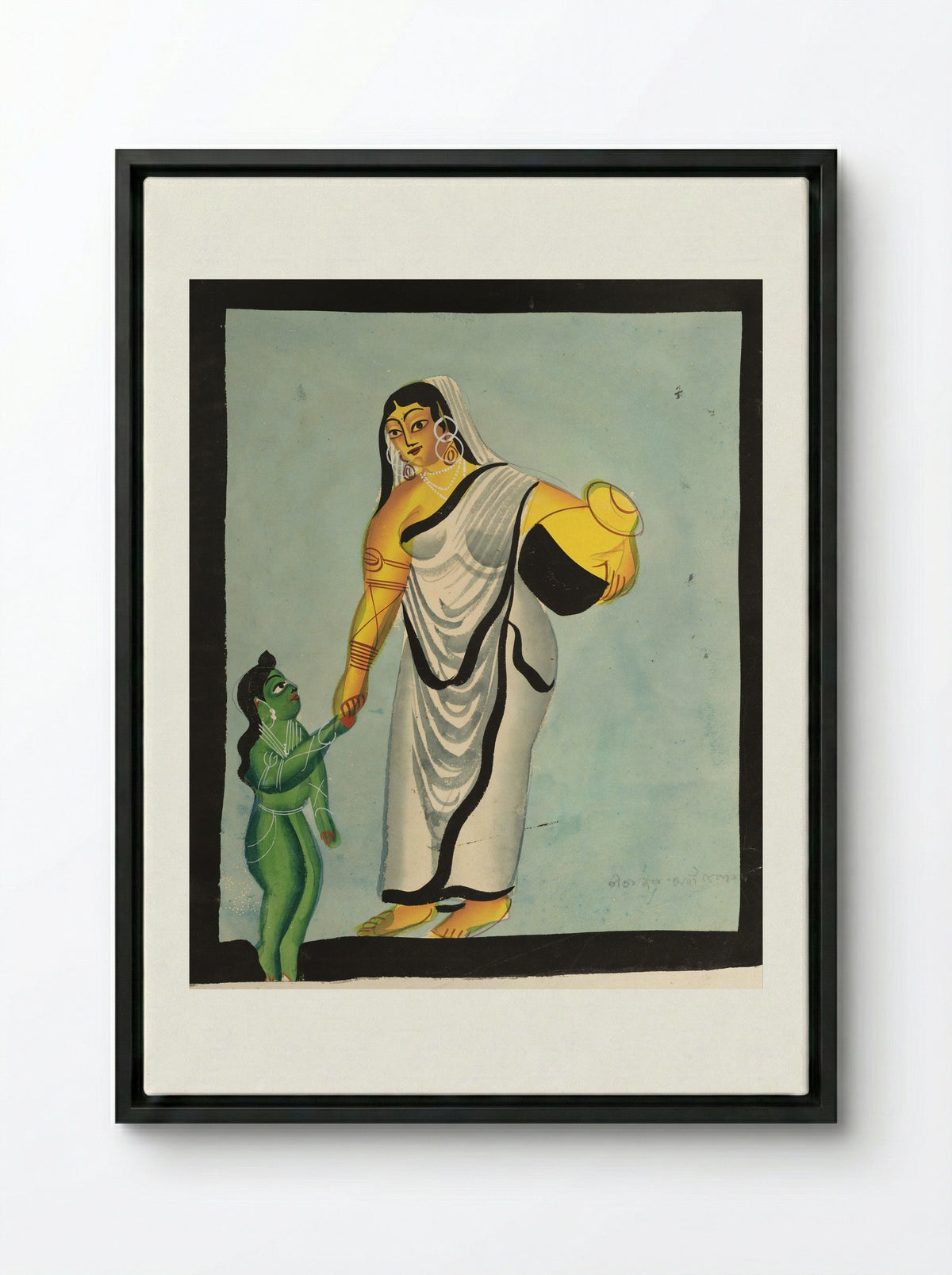Yasoda Taking the Infant Krishna for a Walk - Kalighat School - Framed Canvas Black