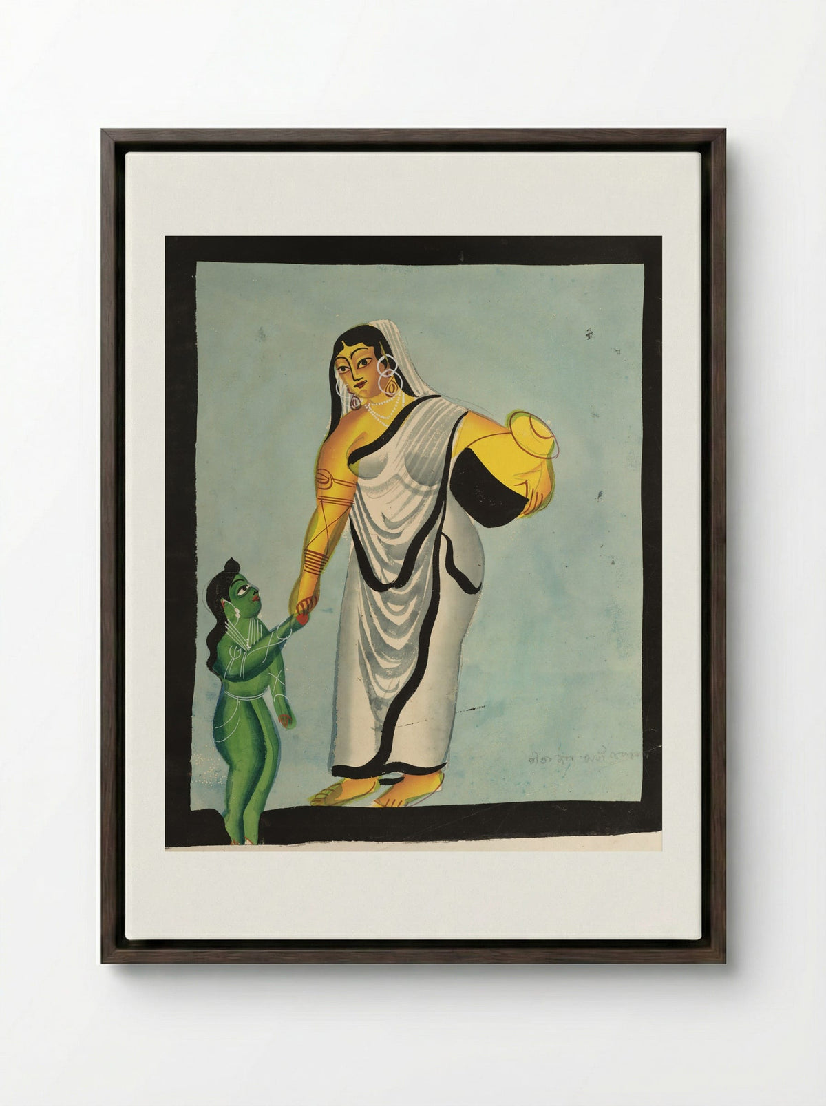 Yasoda Taking the Infant Krishna for a Walk - Kalighat School - Framed Canvas Dark Wood