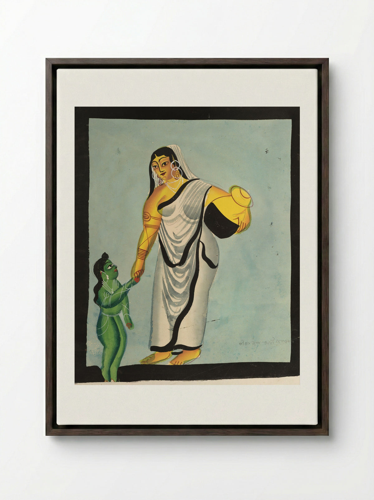 Yasoda Taking the Infant Krishna for a Walk - Kalighat School - Framed Canvas Dark Wood