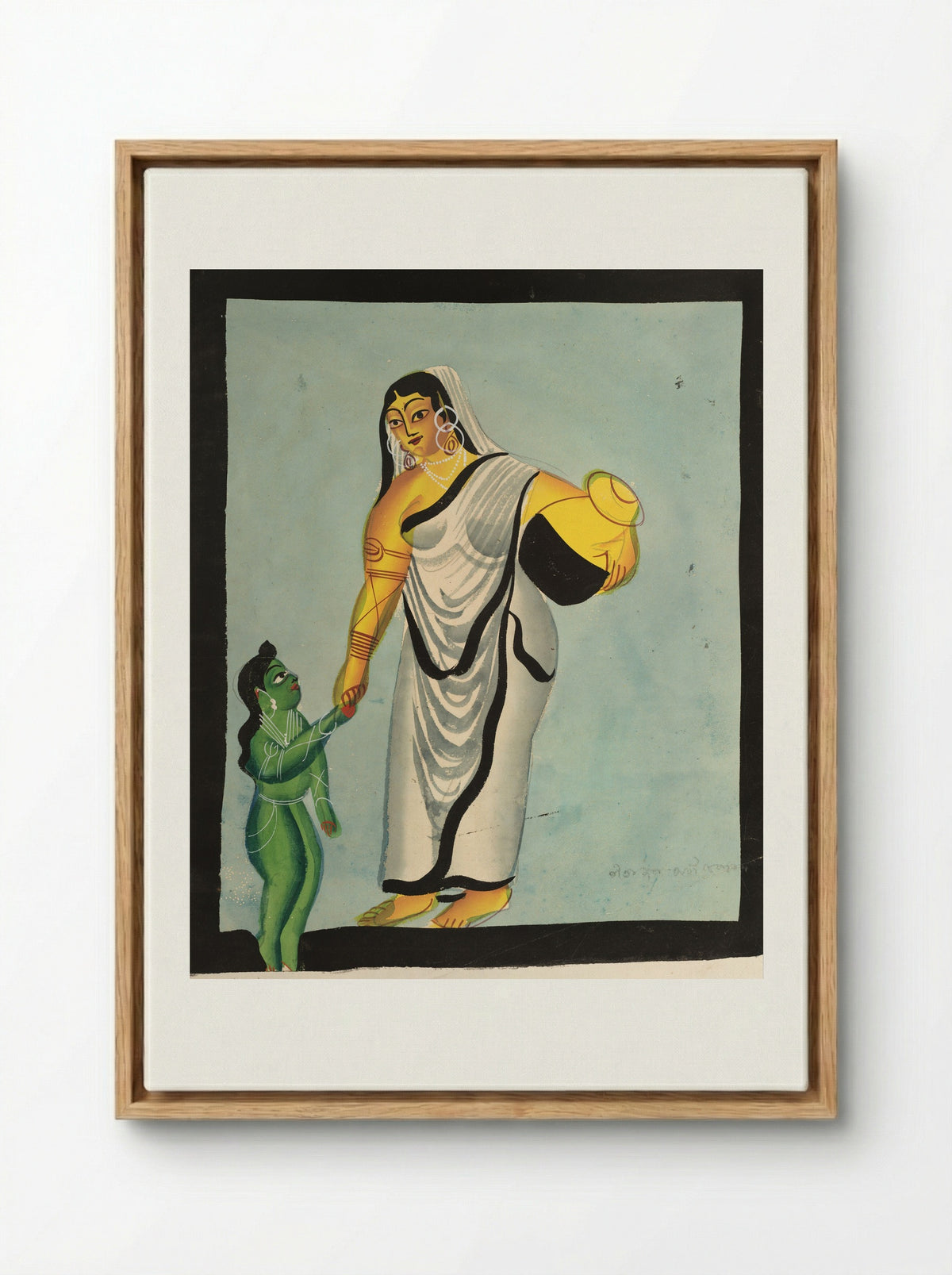 Yasoda Taking the Infant Krishna for a Walk - Kalighat School - Framed Canvas Wood