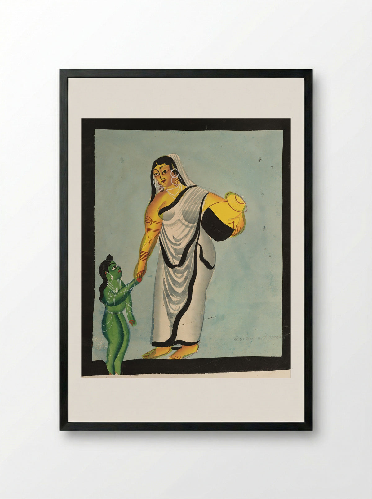 Yasoda Taking the Infant Krishna for a Walk - Kalighat School - Framed Print Black