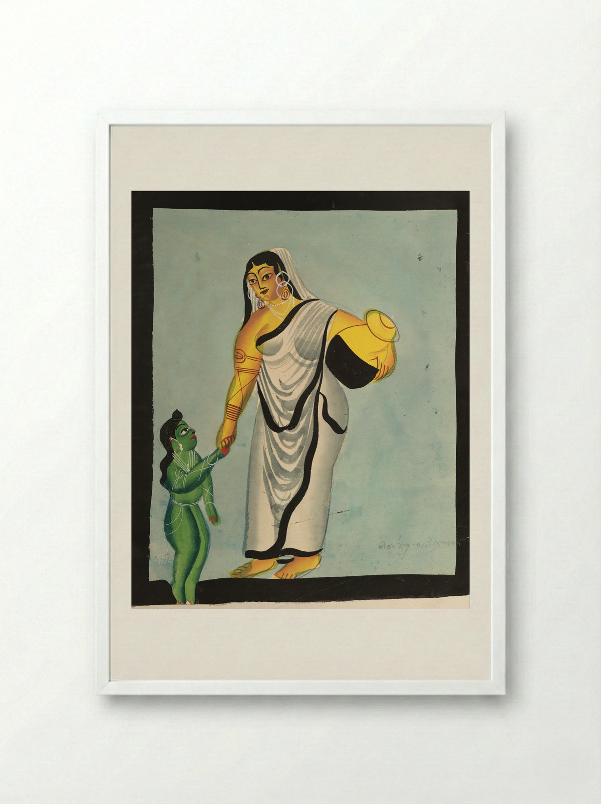 Yasoda Taking the Infant Krishna for a Walk - Kalighat School - Framed Print White