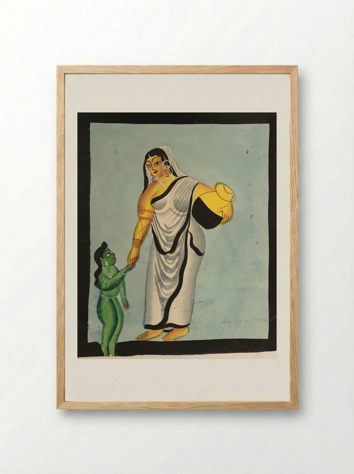Yasoda Taking the Infant Krishna for a Walk - Kalighat School - Framed Print Wood