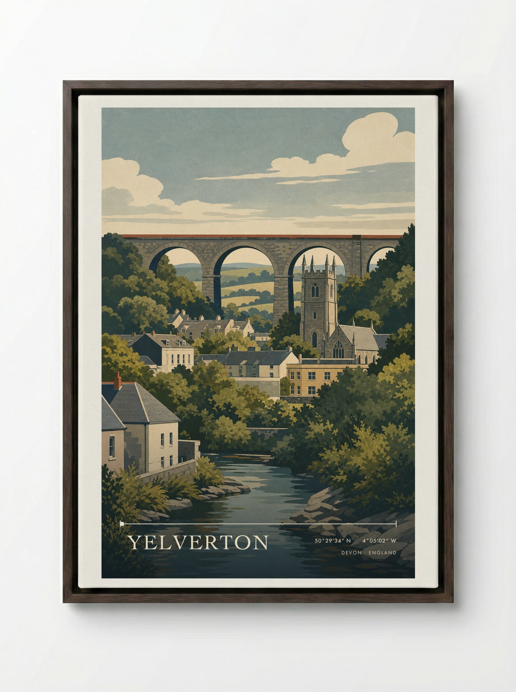 Yelverton Devon England Travel Poster - Framed Canvas Dark Wood