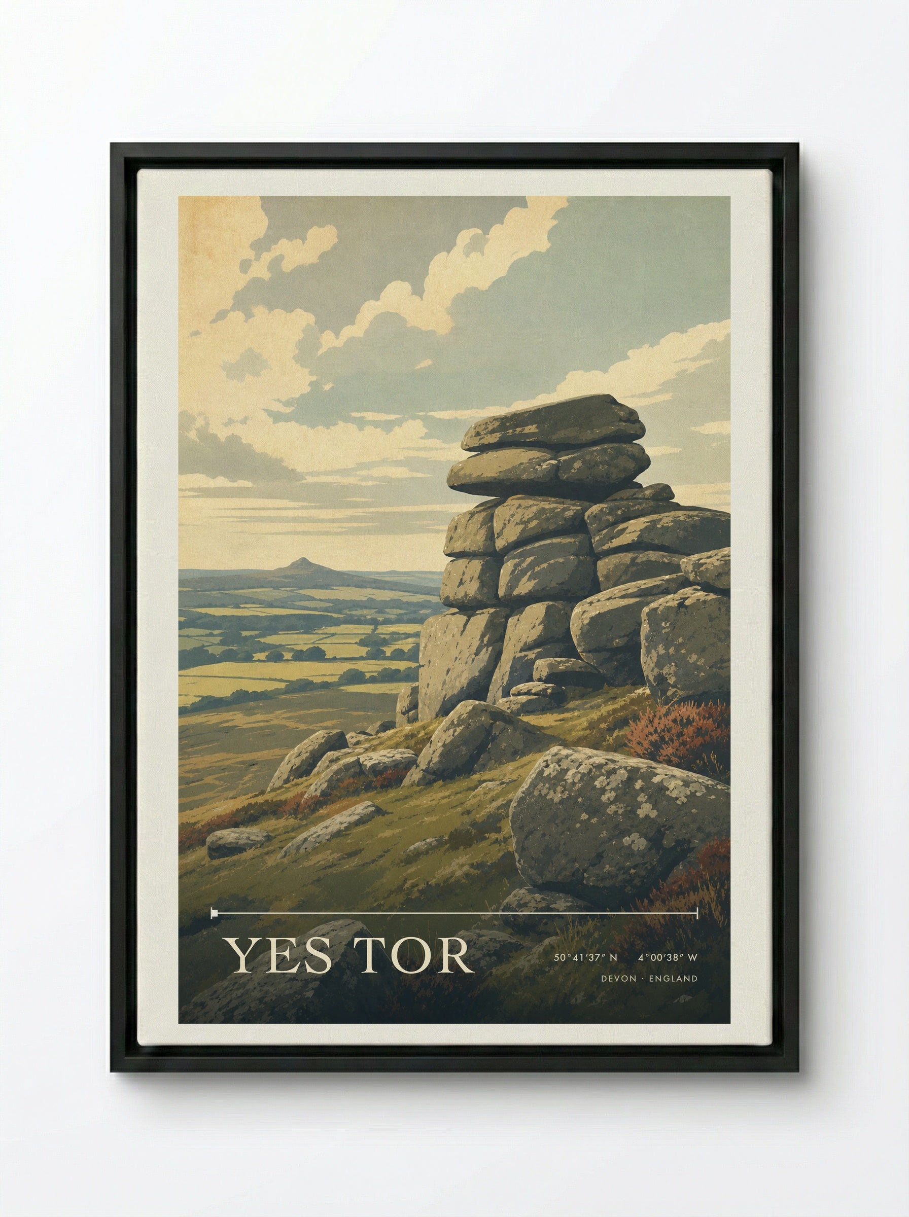 Yes Tor Devon England Travel Poster - Framed Canvas Black
