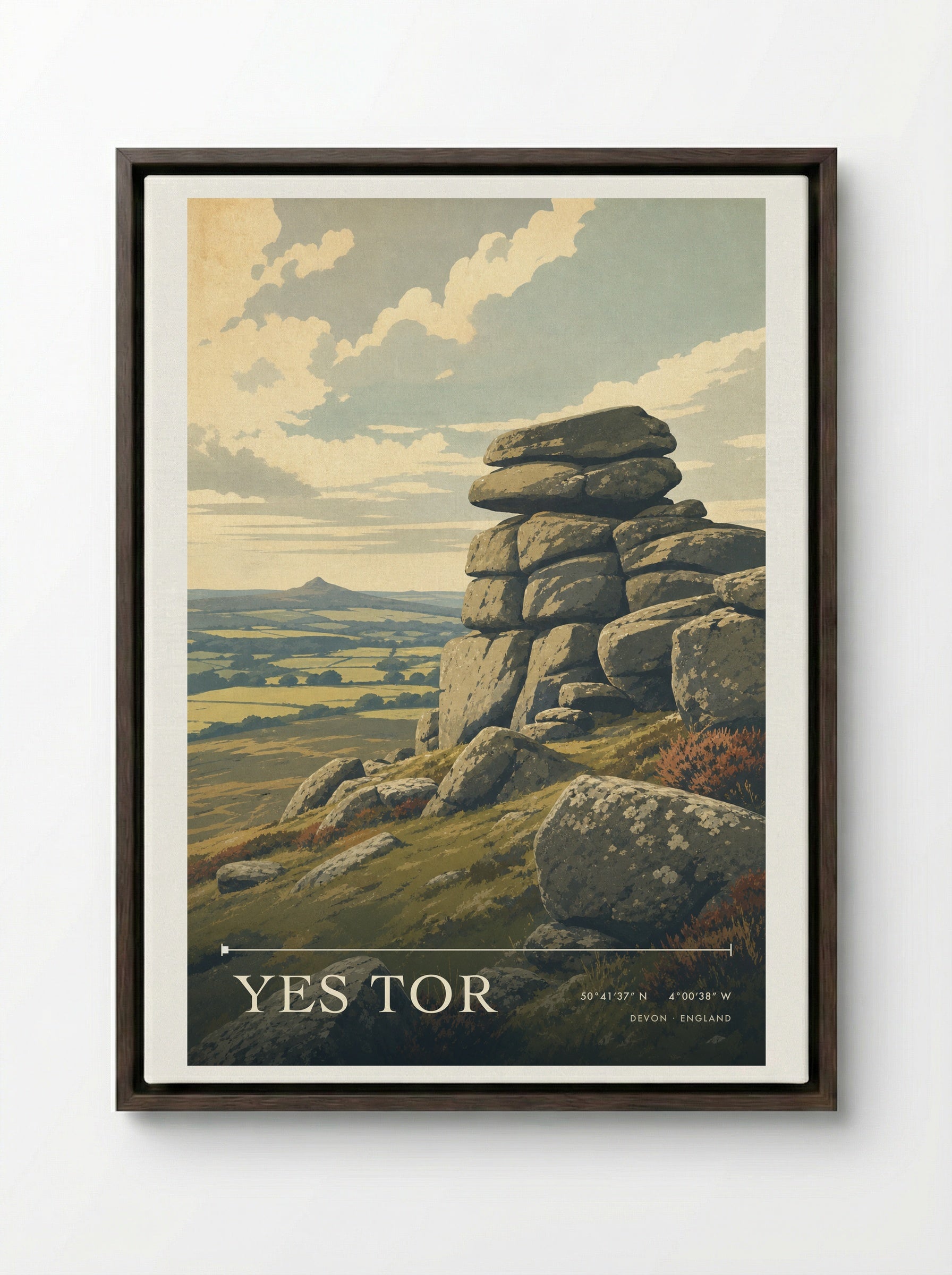 Yes Tor Devon England Travel Poster - Framed Canvas Dark Wood