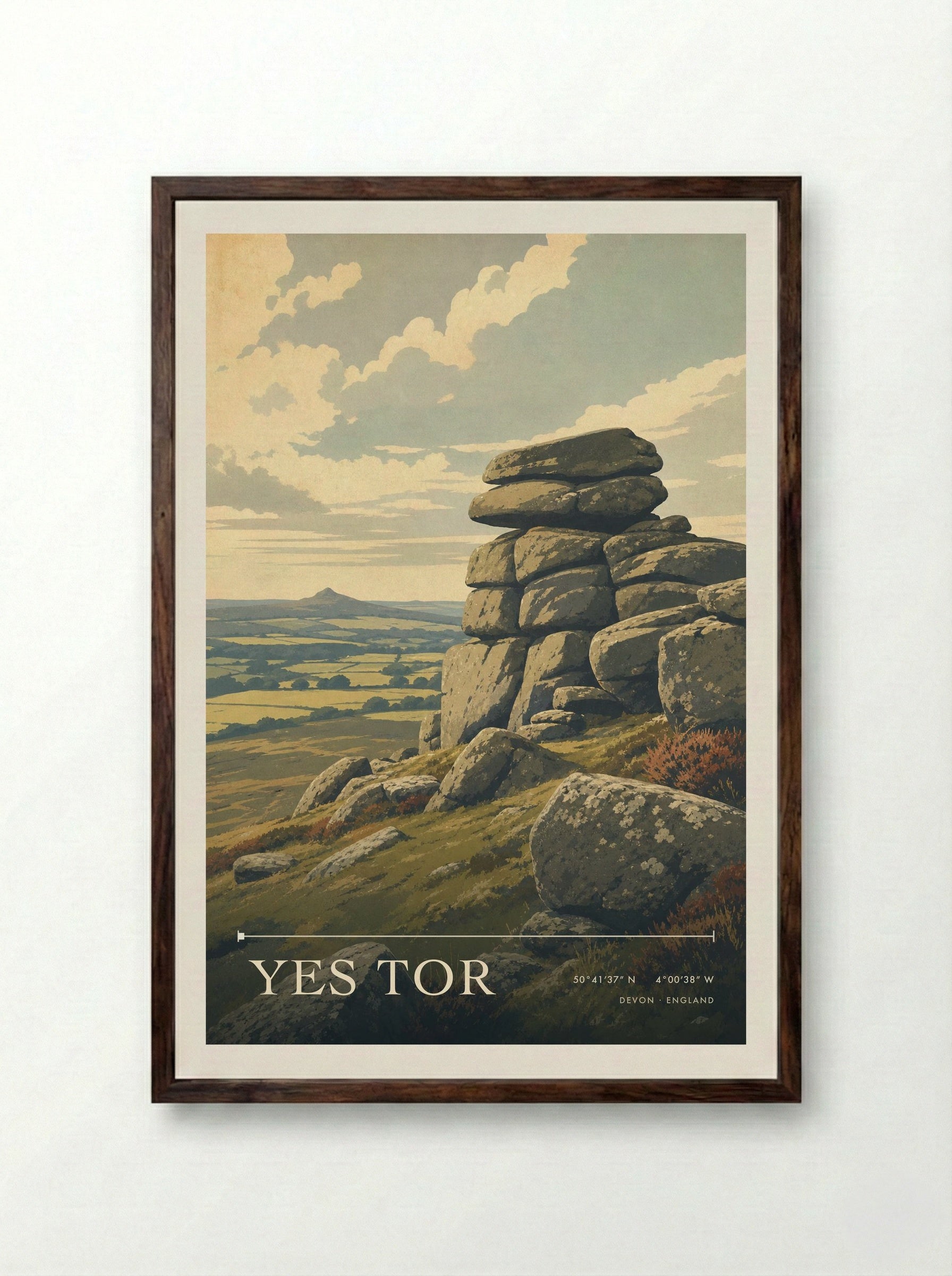 Yes Tor Devon England Travel Poster - Framed Print Dark Wood