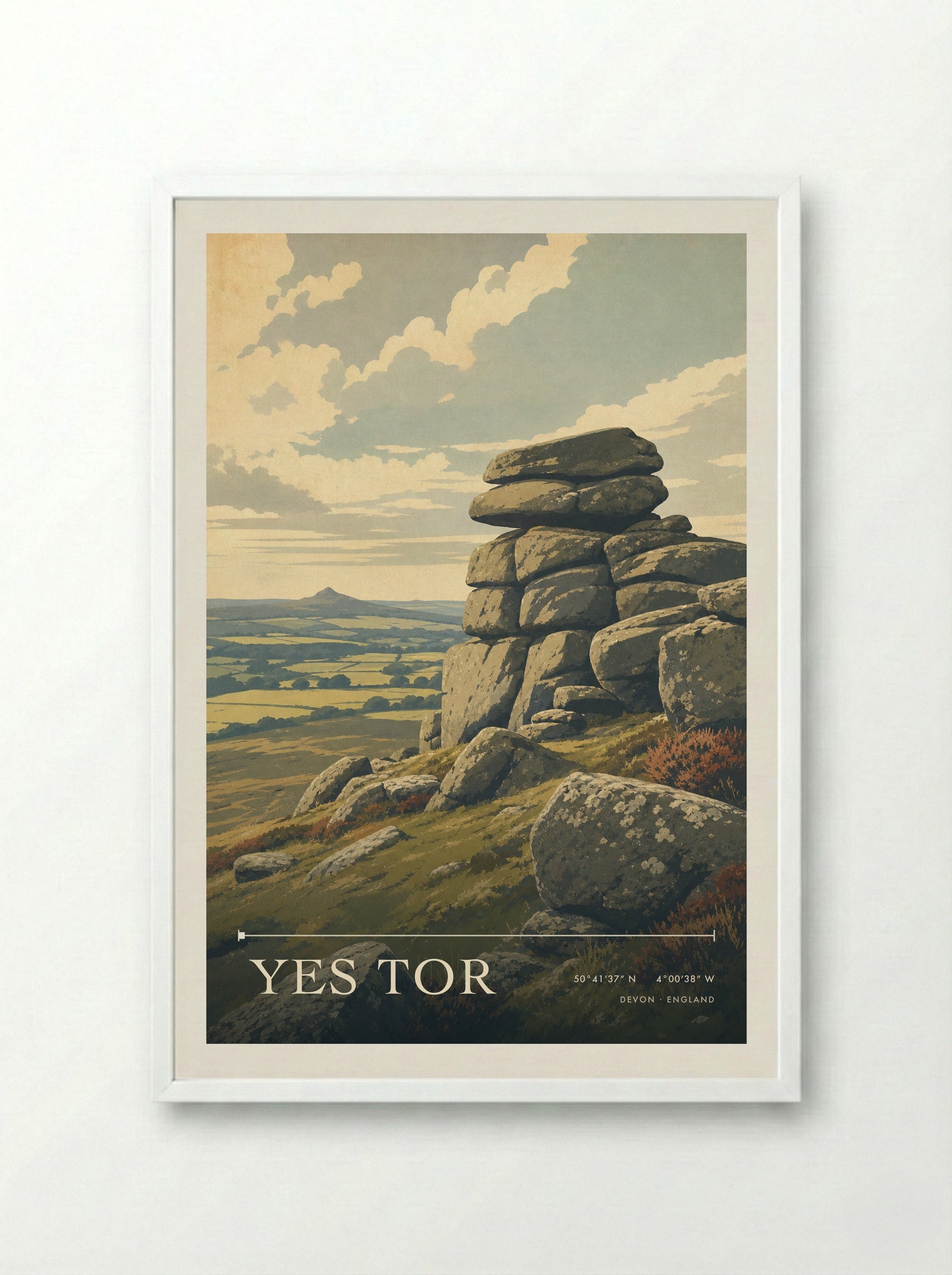 Yes Tor Devon England Travel Poster - Framed Print White