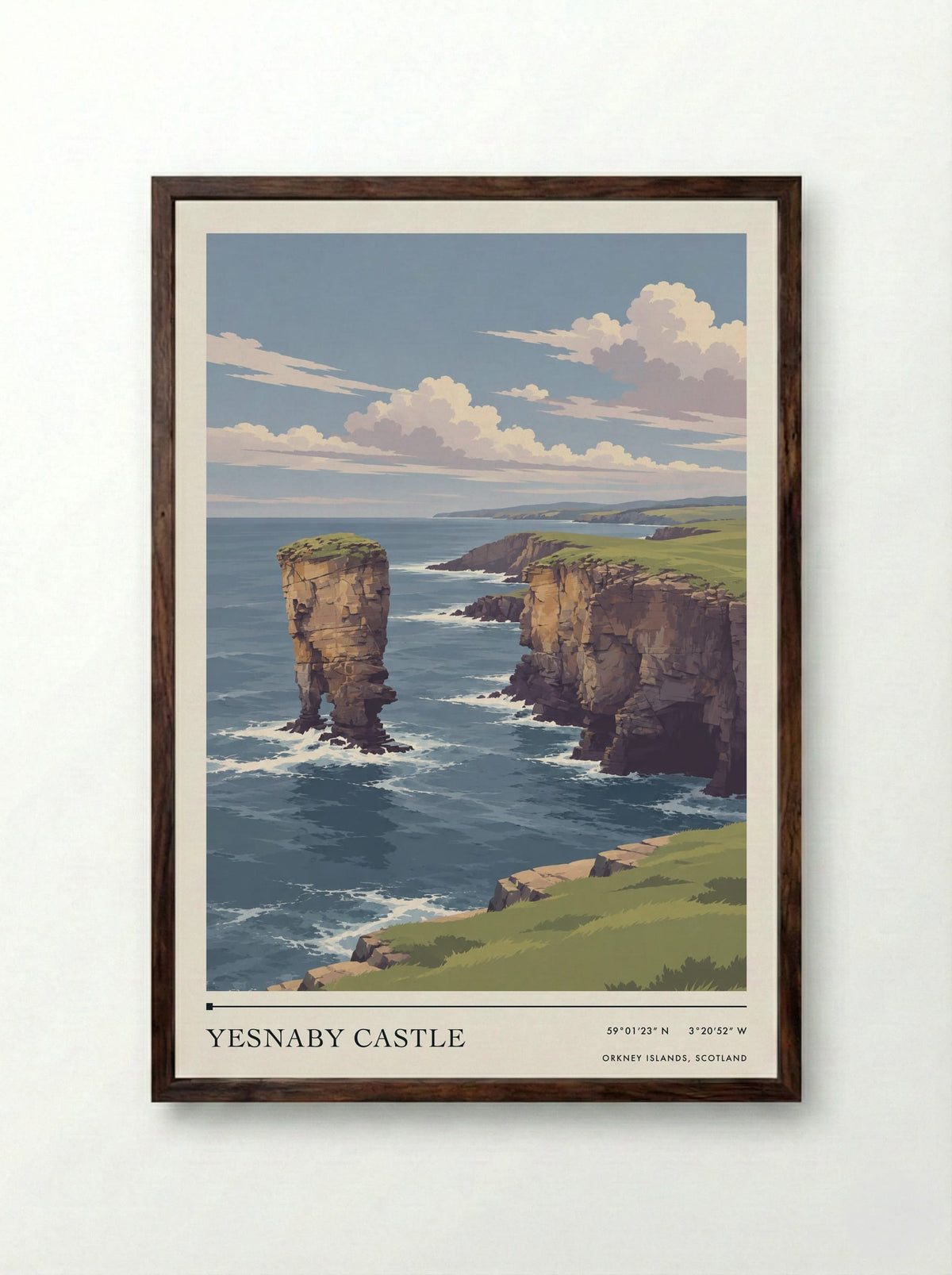 Yesnaby Castle, Orkney Islands, Scotland | Travel Poster - Framed Print Dark Wood