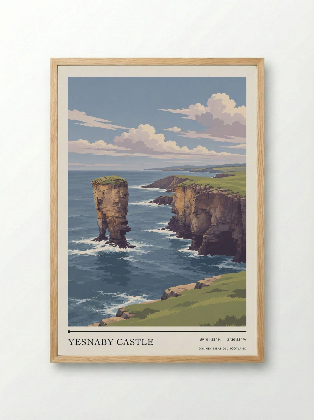 Yesnaby Castle, Orkney Islands, Scotland | Travel Poster - Framed Print Wood