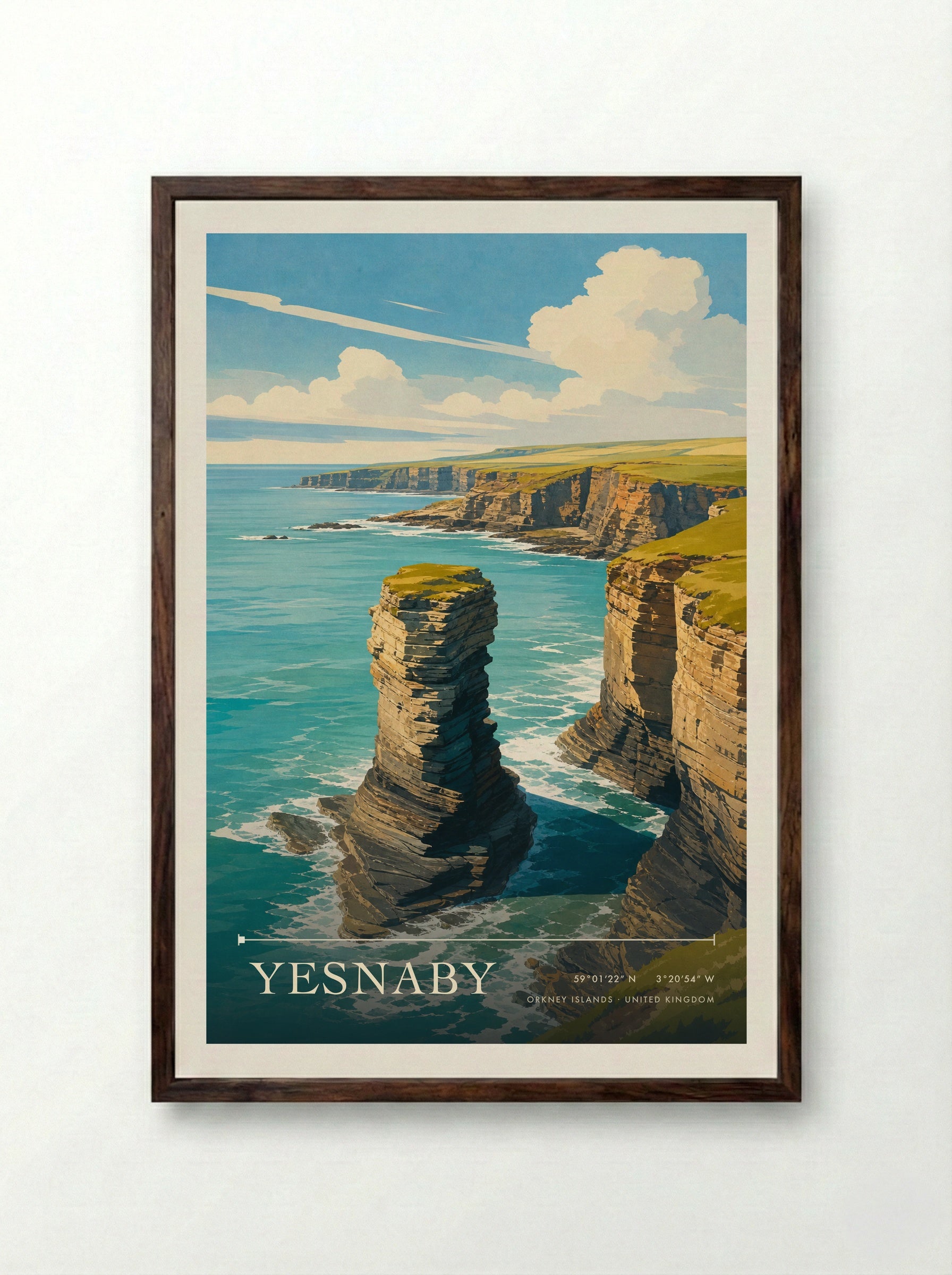 Yesnaby Orkney Islands United Kingdom Travel Poster - Framed Print Dark Wood
