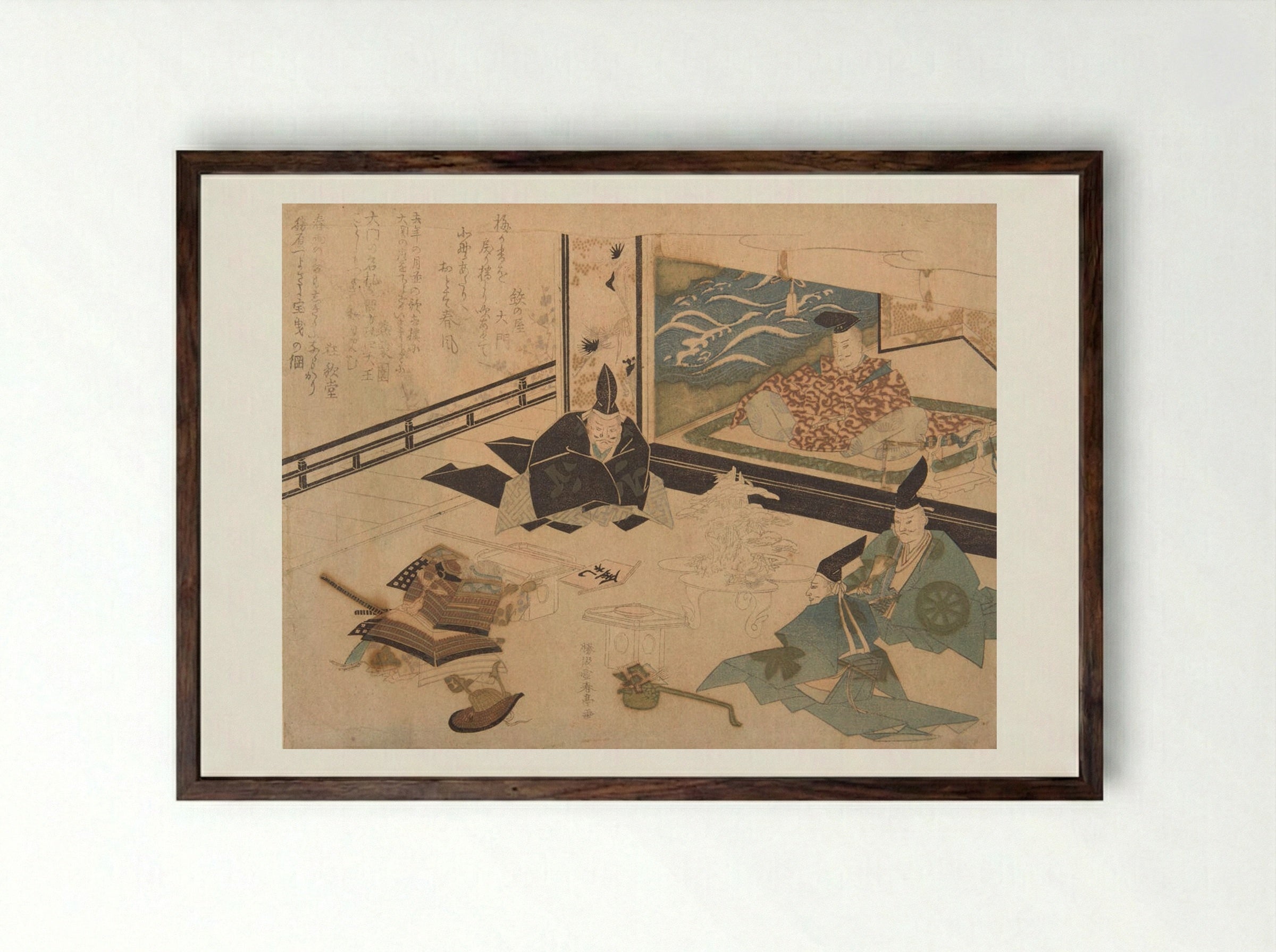 Yorimitsu Receiving Watanabe no Tsuna - Katsukawa Shuntei - Framed Print Dark Wood
