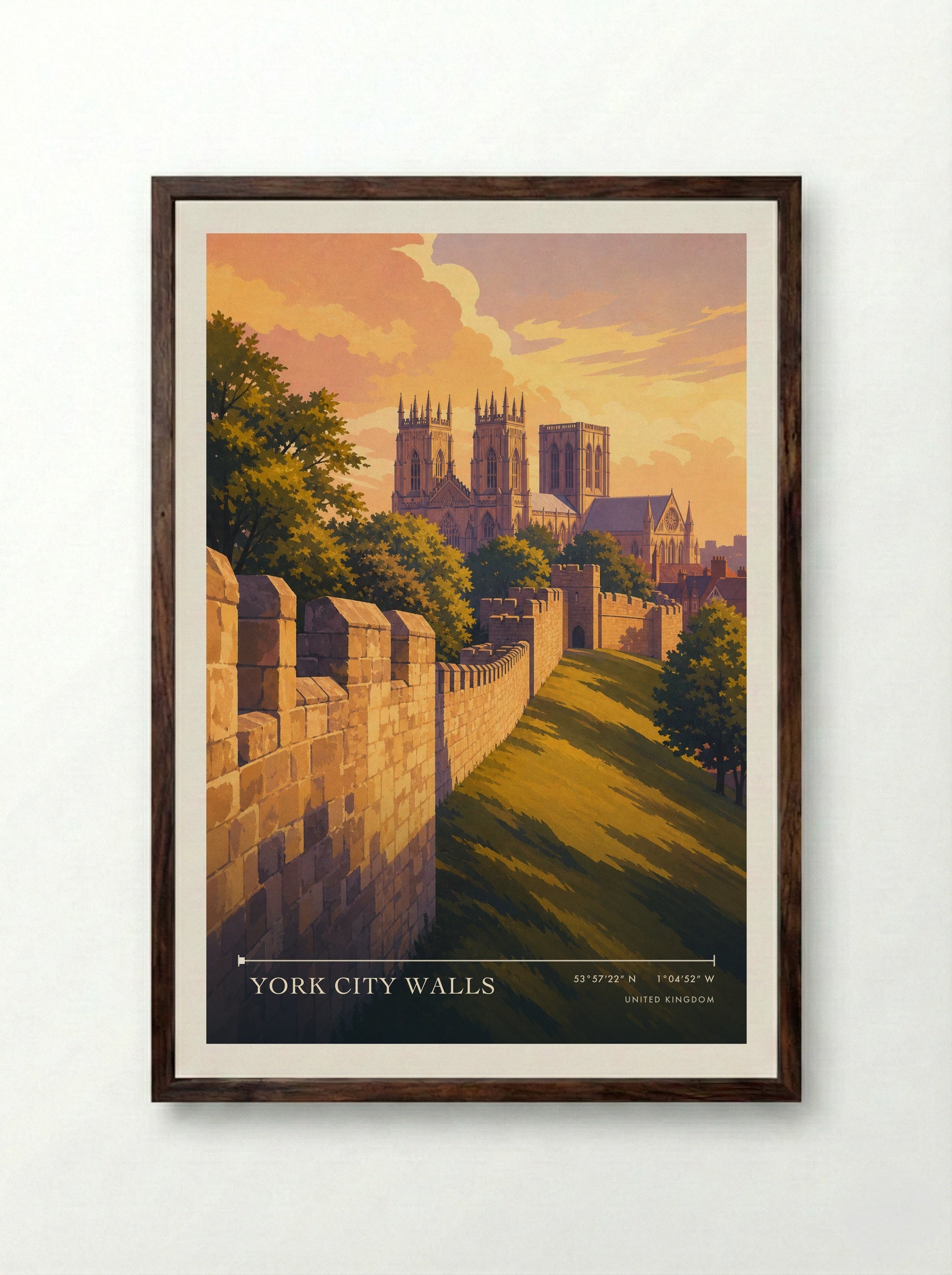 York City Walls United Kingdom Travel Poster - Framed Print Dark Wood
