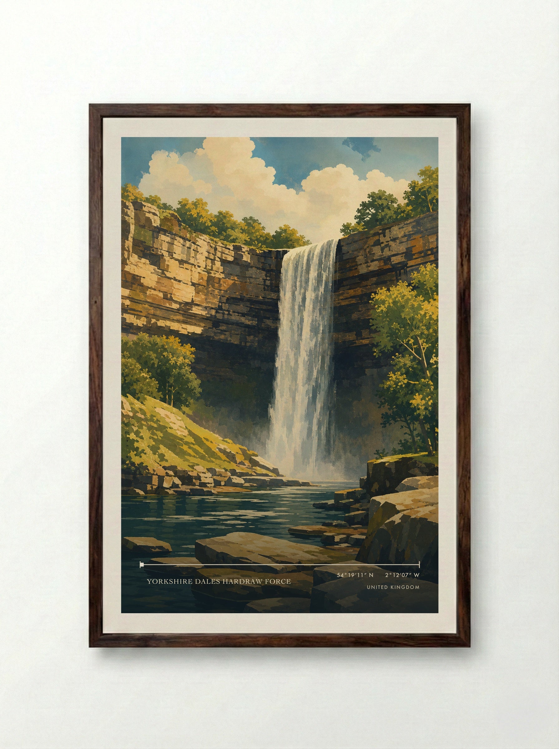 Yorkshire Dales Hardraw Force United Kingdom Travel Poster - Framed Print Dark Wood