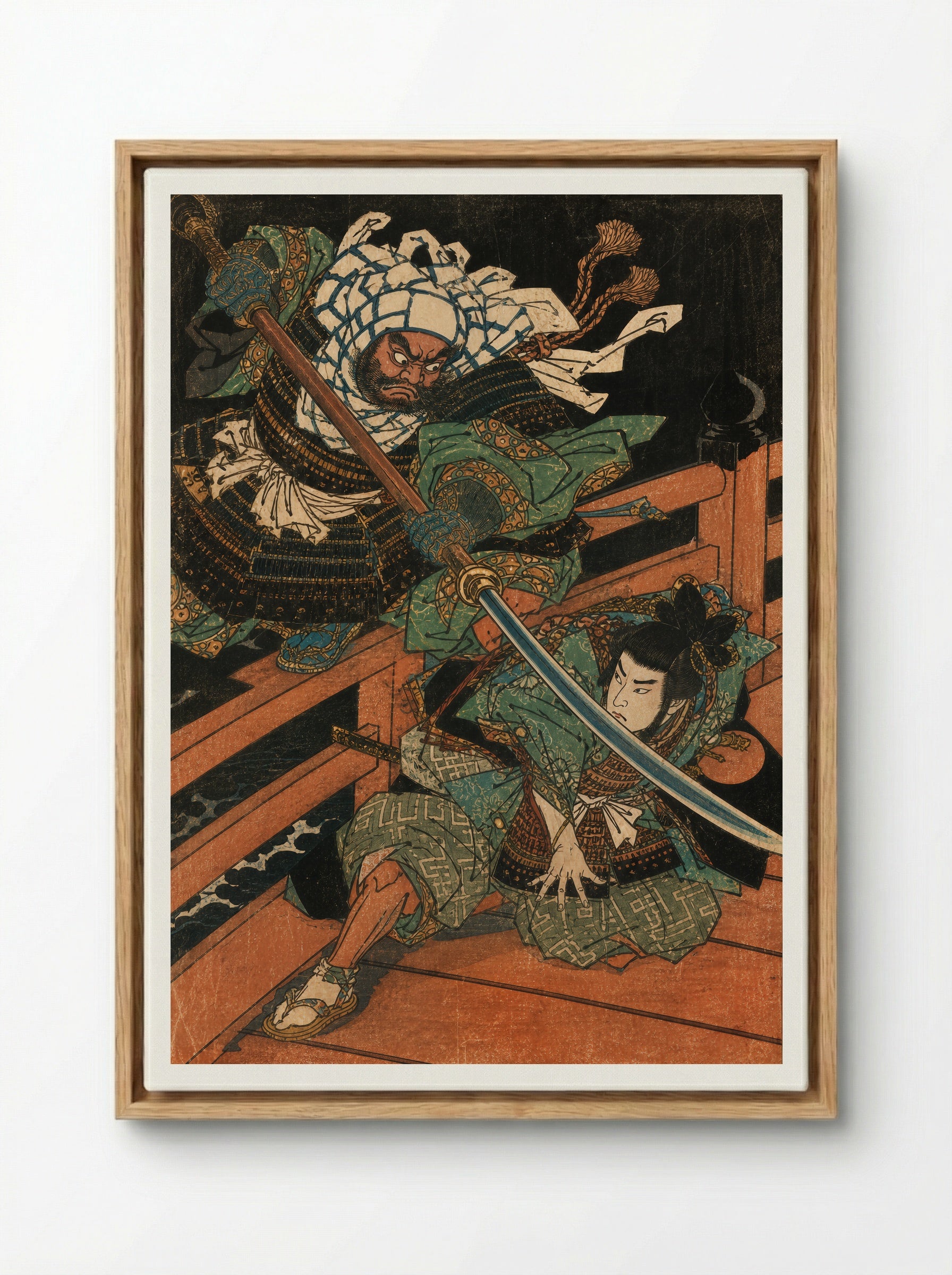 Yoshitsune and Benkei on Gojo Bridge: Beneath the Naginata - Framed Canvas Wood