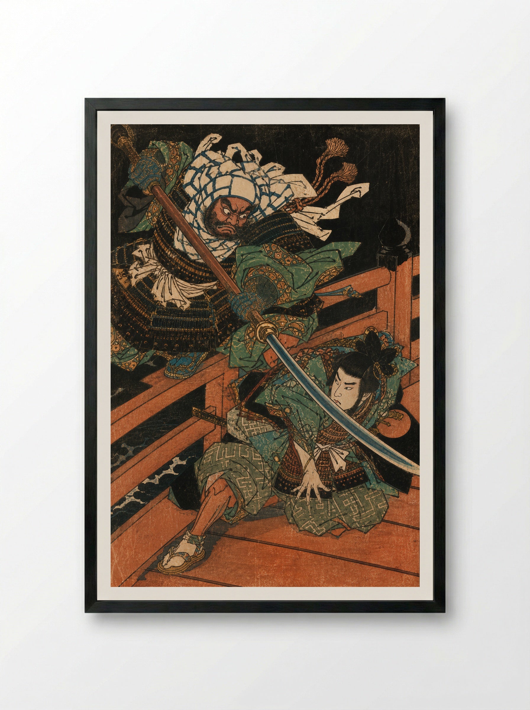 Yoshitsune and Benkei on Gojo Bridge: Beneath the Naginata - Framed Print Black