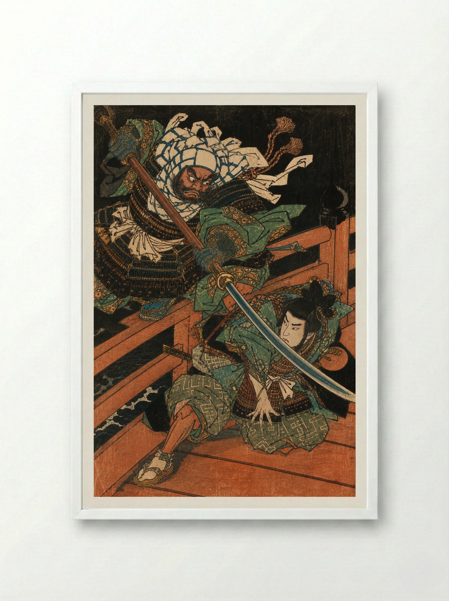 Yoshitsune and Benkei on Gojo Bridge: Beneath the Naginata - Framed Print White