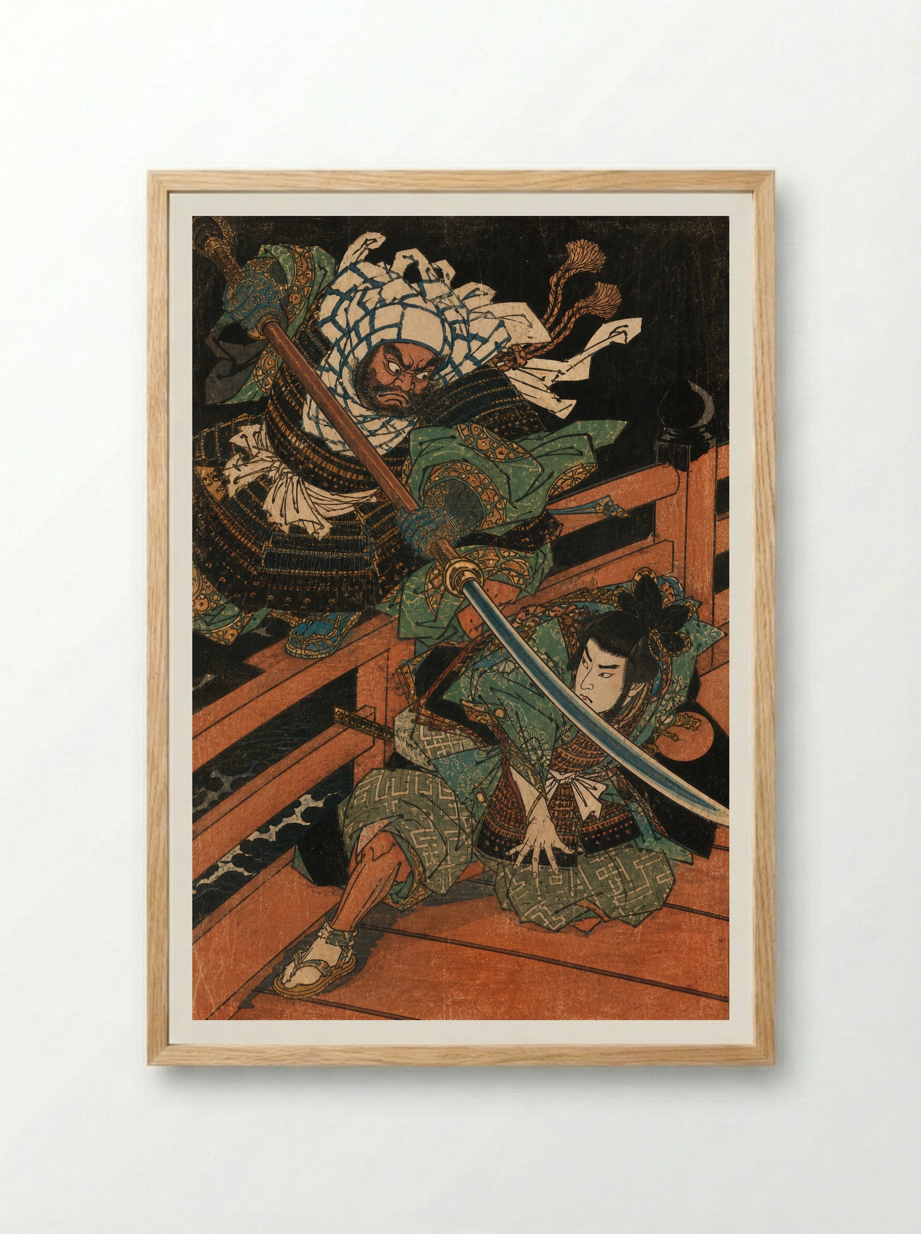Yoshitsune and Benkei on Gojo Bridge: Beneath the Naginata - Framed Print Wood
