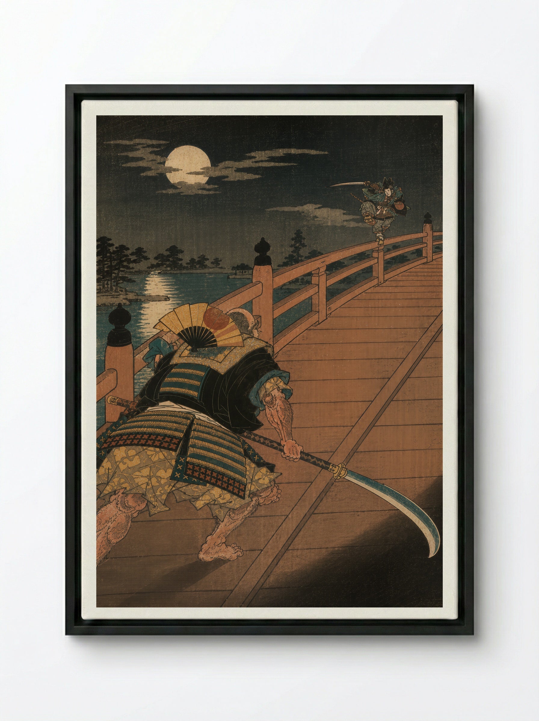 Yoshitsune and Benkei on Gojo Bridge: The Bridge Encounter - Framed Canvas Black