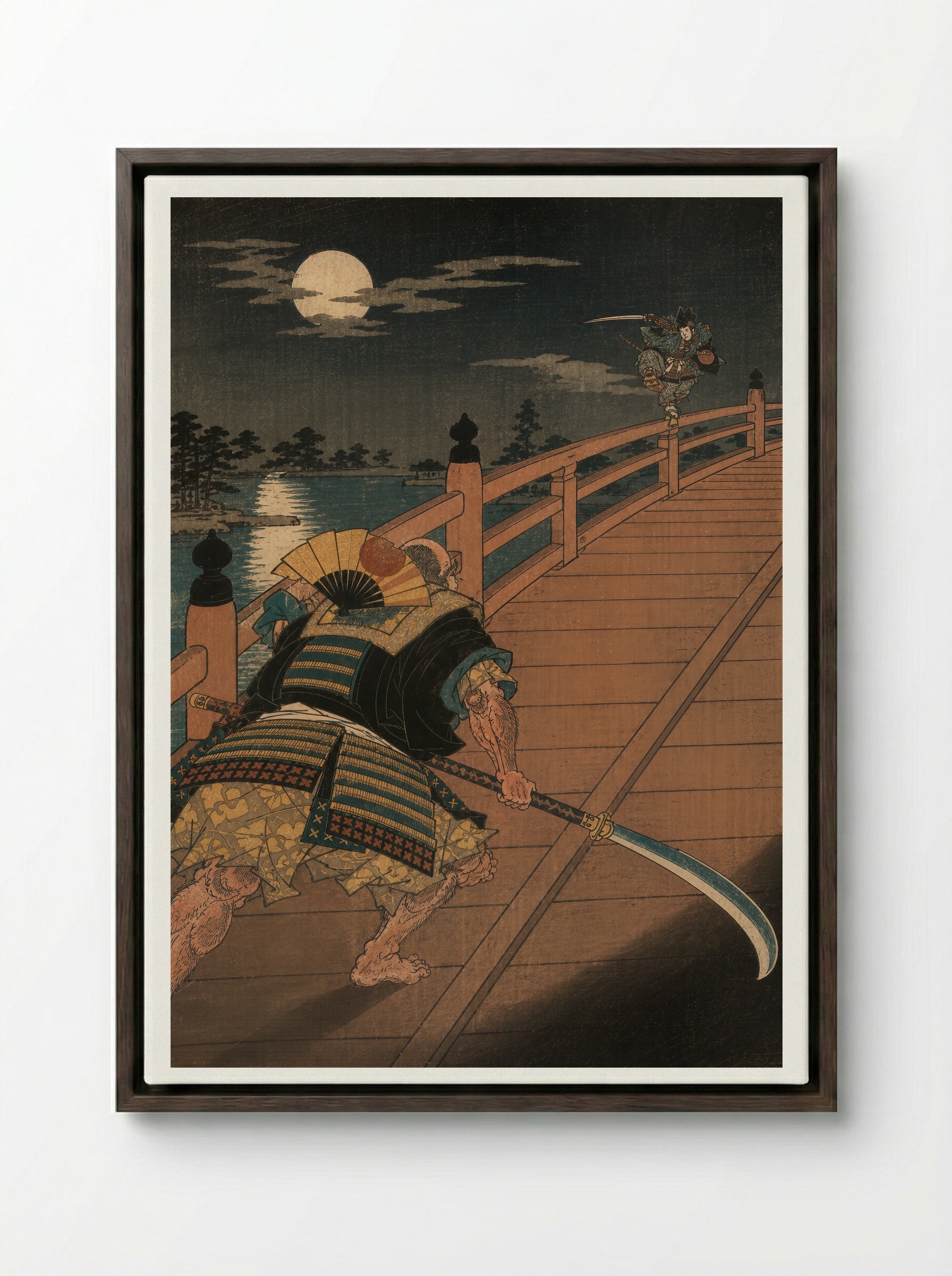 Yoshitsune and Benkei on Gojo Bridge: The Bridge Encounter - Framed Canvas Dark Wood