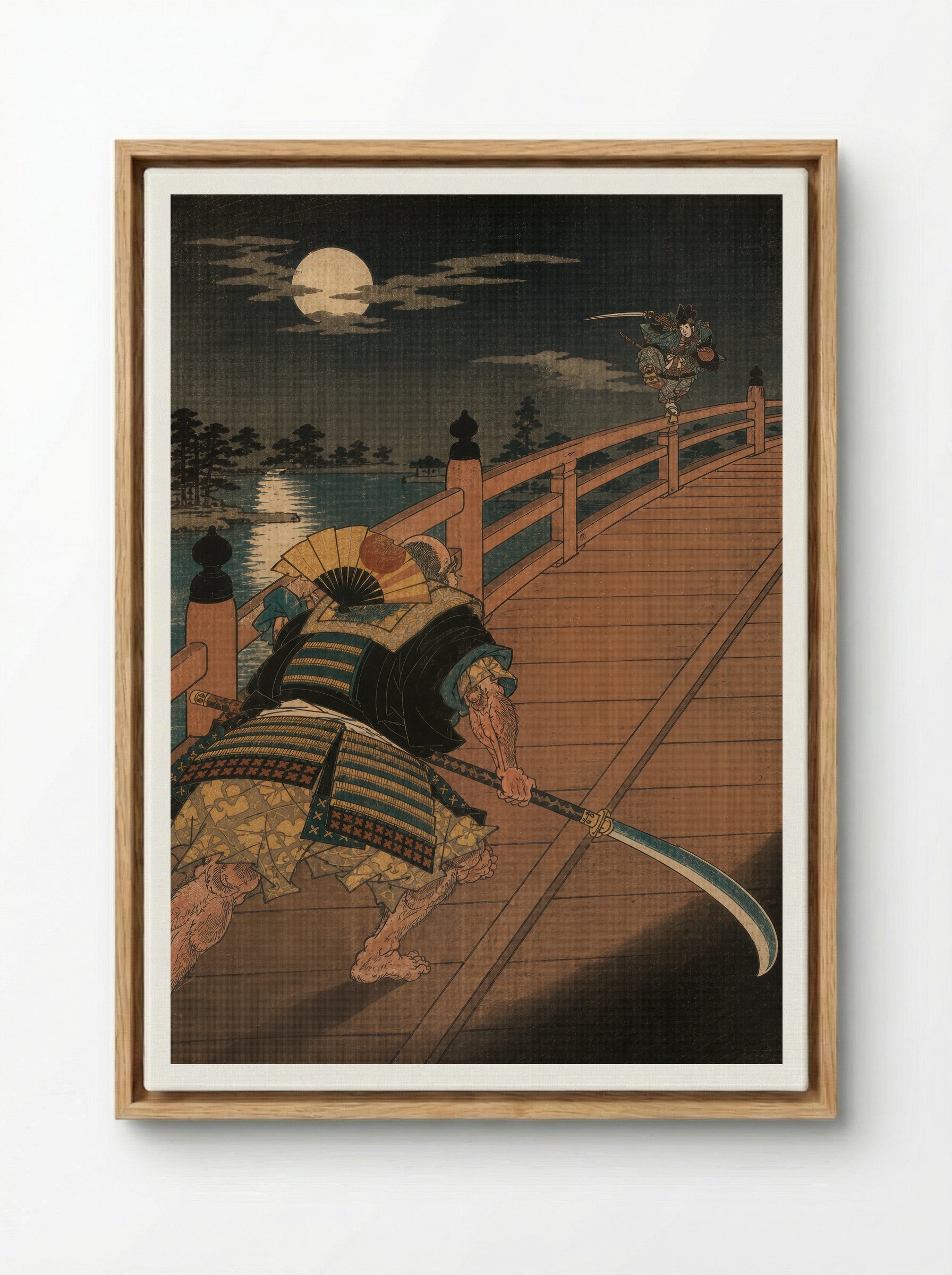 Yoshitsune and Benkei on Gojo Bridge: The Bridge Encounter - Framed Canvas Wood