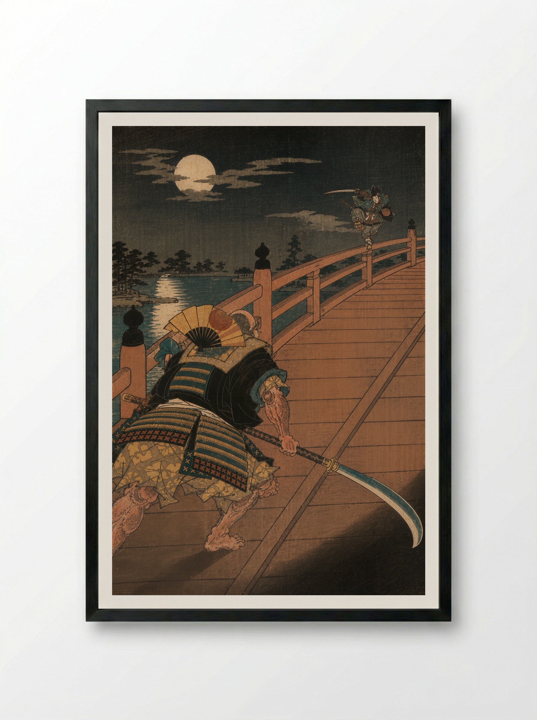 Yoshitsune and Benkei on Gojo Bridge: The Bridge Encounter - Framed Print Black